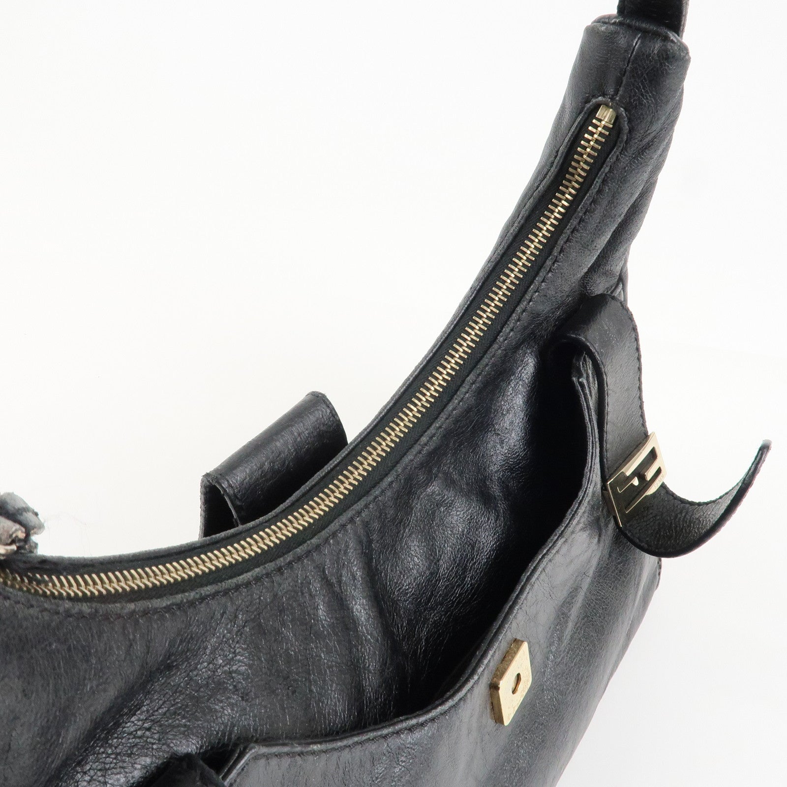 FENDI Leather Shoulder Bag Hand Bag Black 8BR522 Used