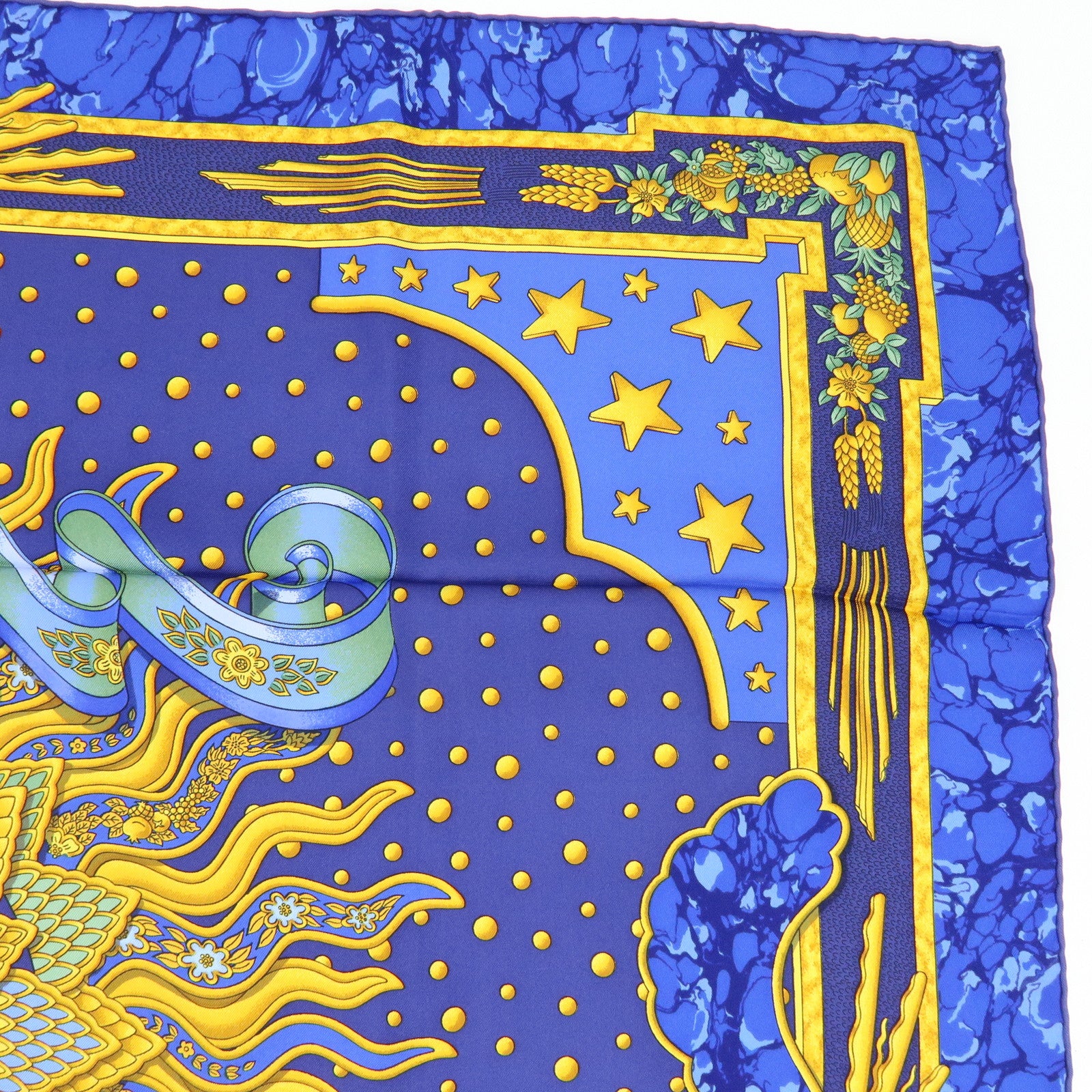 HERMES Carre 90 Silk 100% Scarf CARPE DIEM Blue Gold