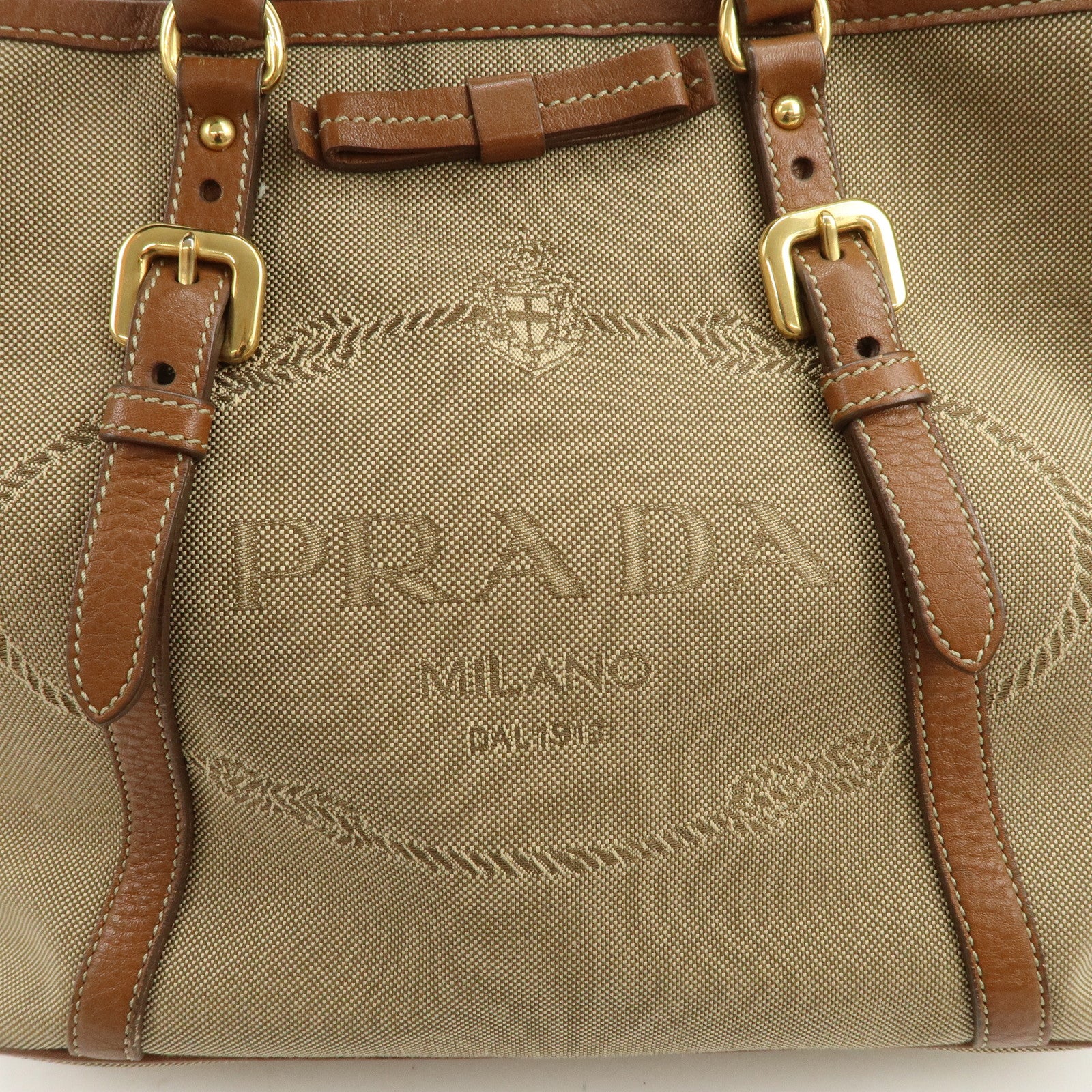 PRADA Logo Jacquard Leather Ribbon 2Way Tote Bag Brown BN1841