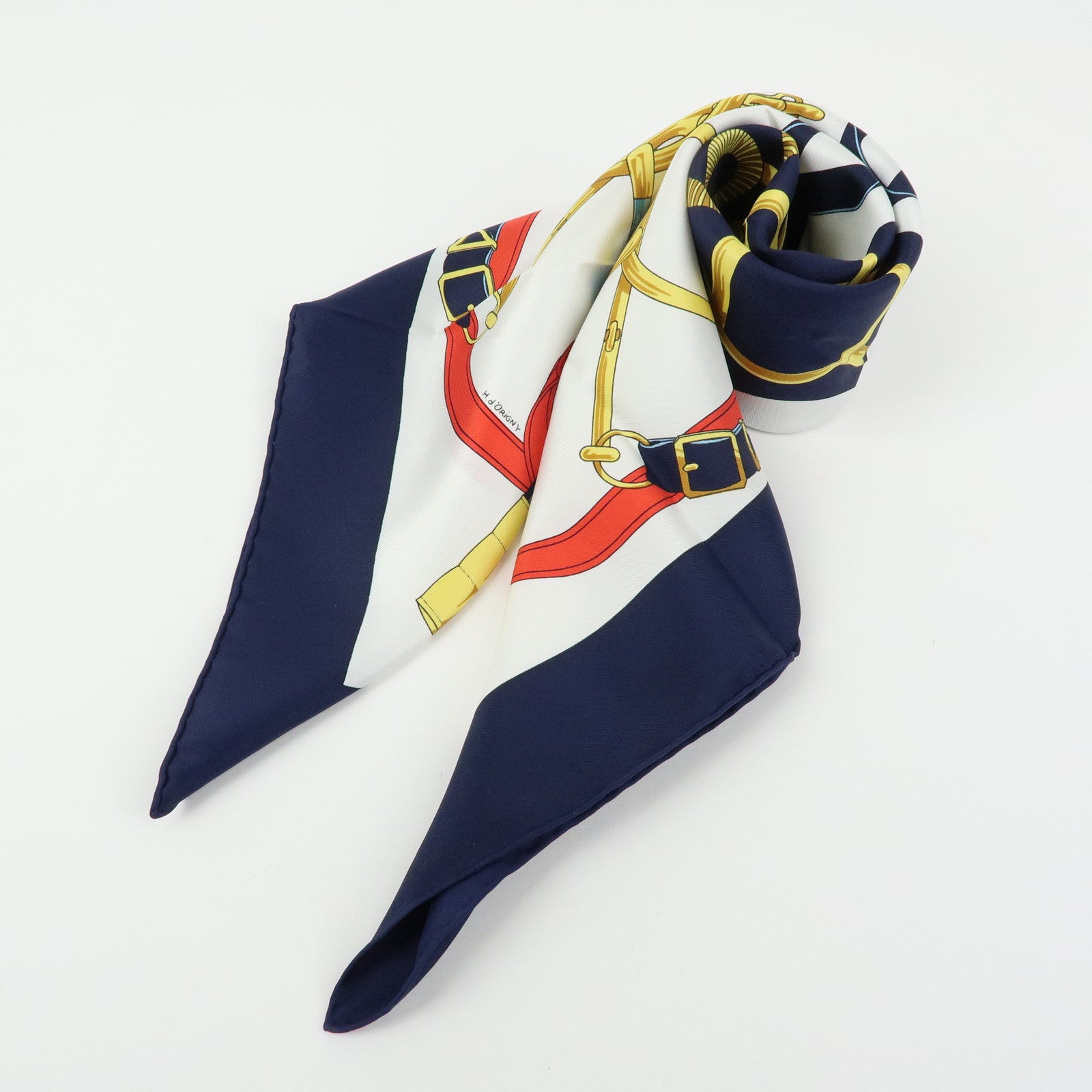 HERMES Carre 90 Silk 100% Scarf Eperon d'or White Navy Red Yellow