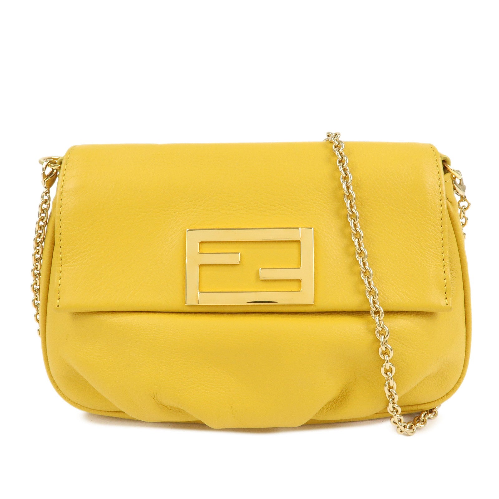 FENDI Leather Chain Shoulder Bag Purse Crossbody Bag Yellow 8M0276