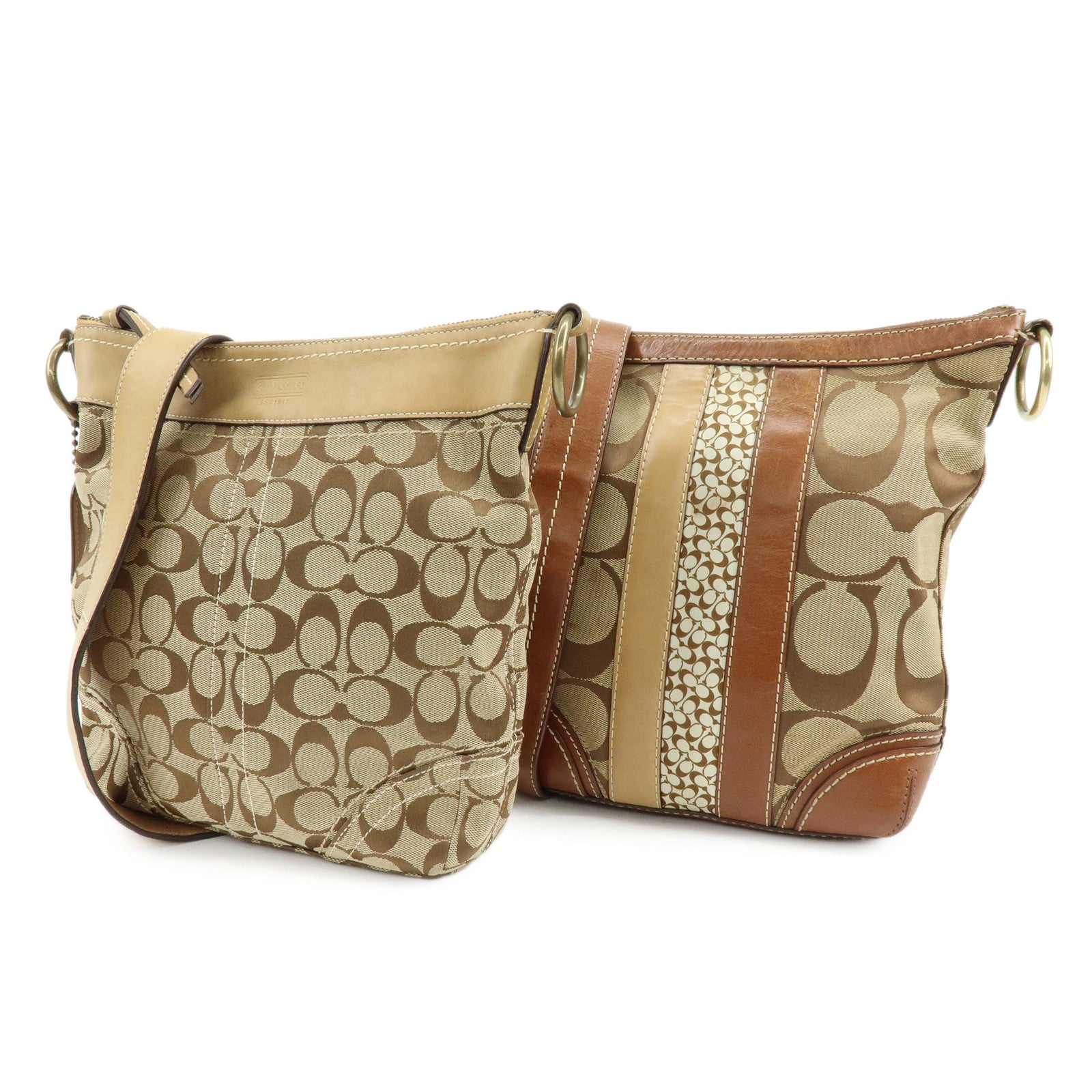 COACH Signature Set of 2 Canvas Leather Shoulder Bag Beige Camel