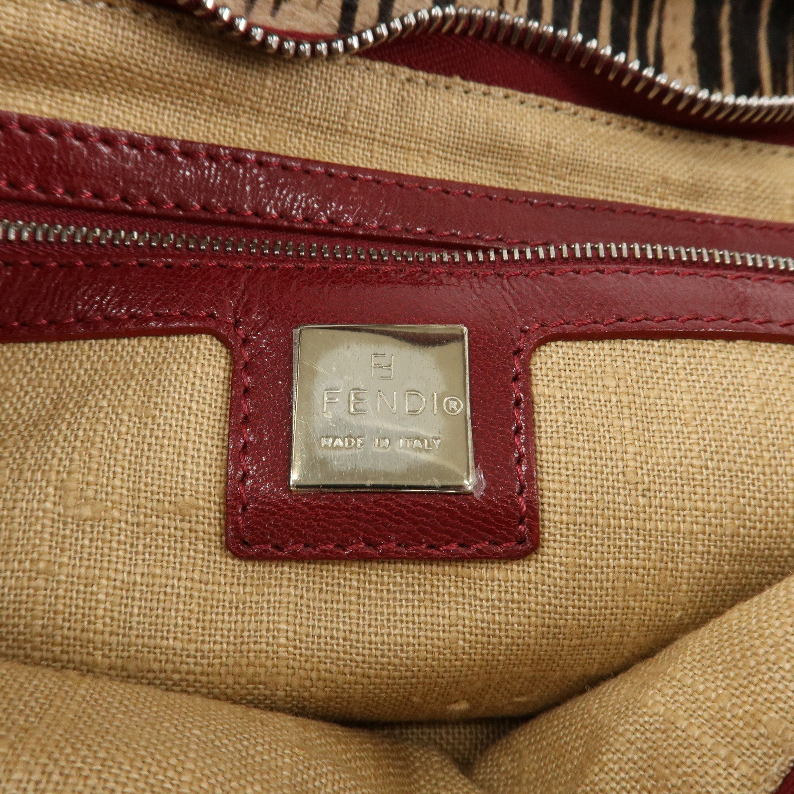 FENDI Leather Unborn Calf Tote Bag Hand Bag Zebra Brown Red Used