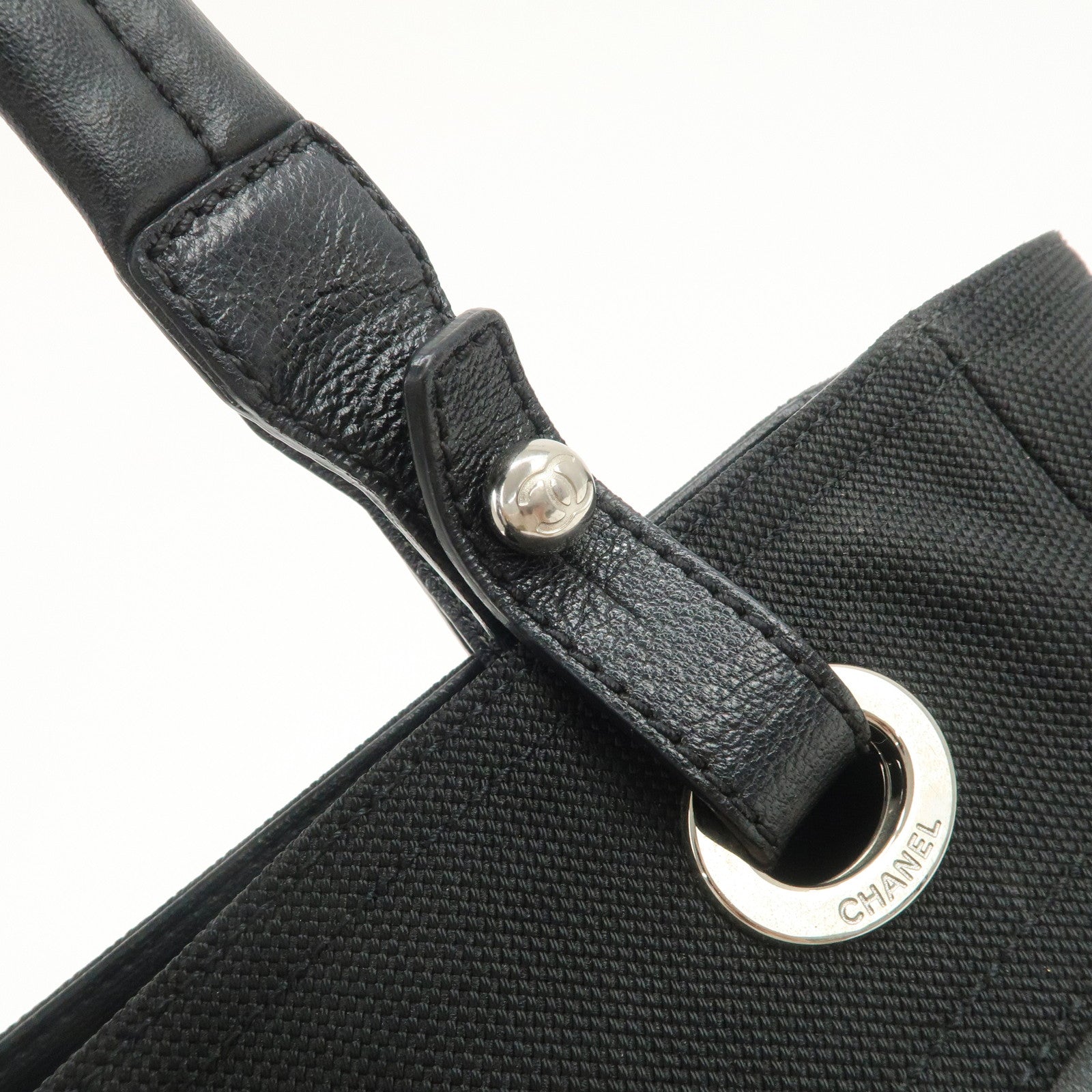 CHANEL Paris Biarritz PM Coated Canvas Leather Tote Bag Black A34208 Used