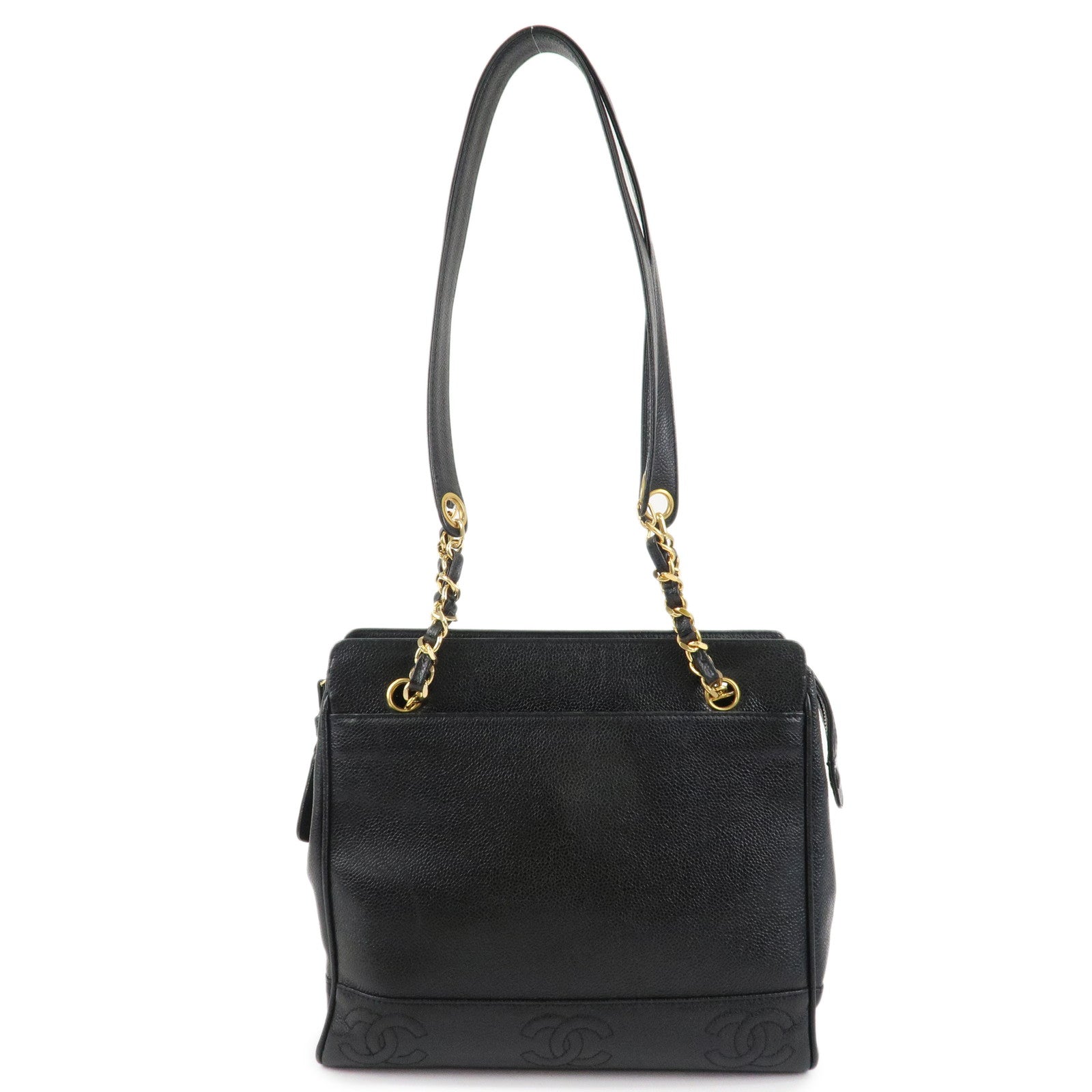 CHANEL Triple COCO Caviar Skin Chain Shoulder Bag Black Gold Hardware Used