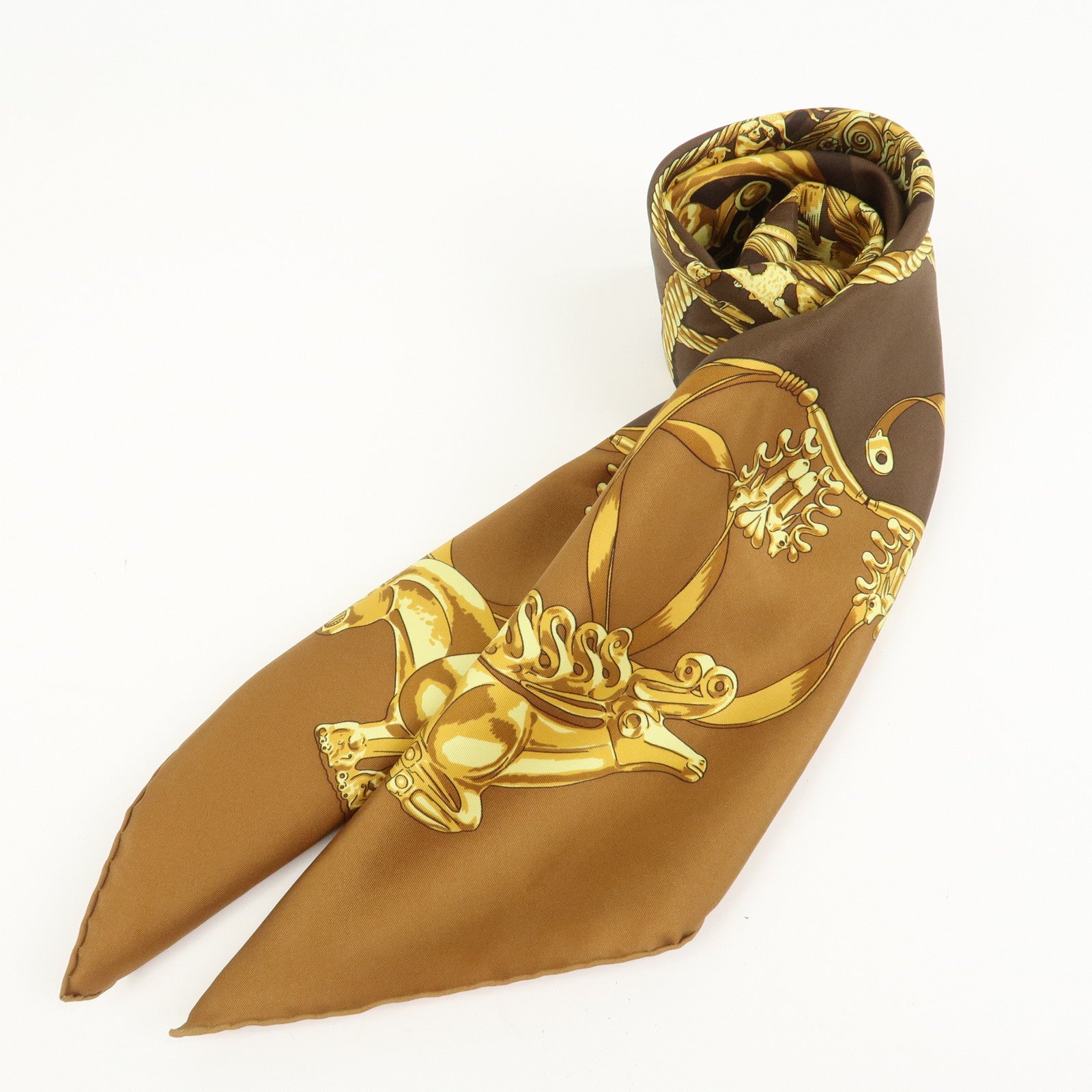 HERMES Carre 90 Silk 100% Scarf LES CAVALIERS D'OR Brown Gold