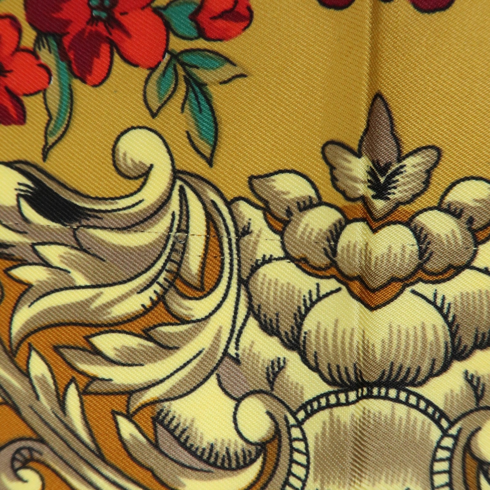 CHANEL Silk 100% Scarf COCO Mark Flower Motif Gold Red