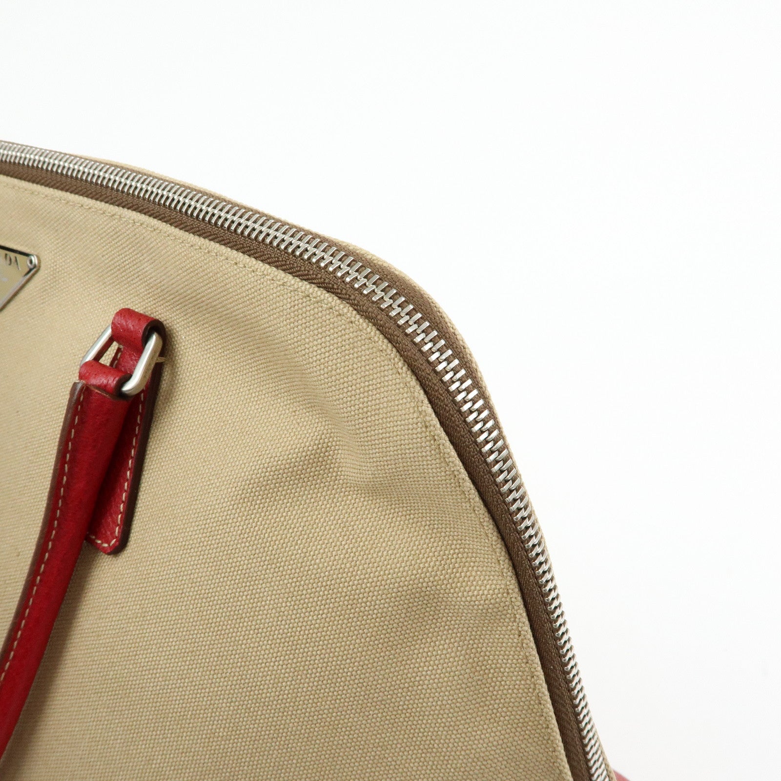 PRADA Triangle Logo Canvas Leather Hand Bag Beige Red