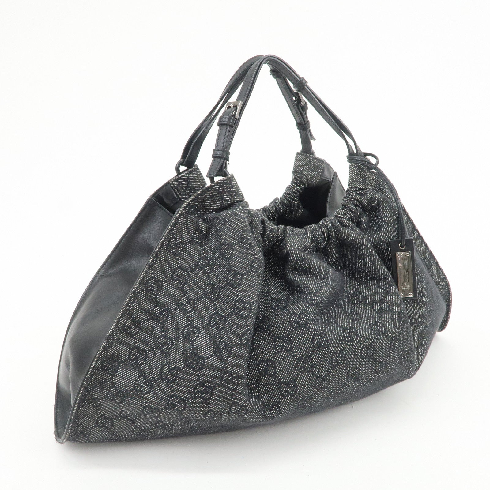 GUCCI GG Monogram Denim Canvas Leather Tote Hand Bag Black 76554
