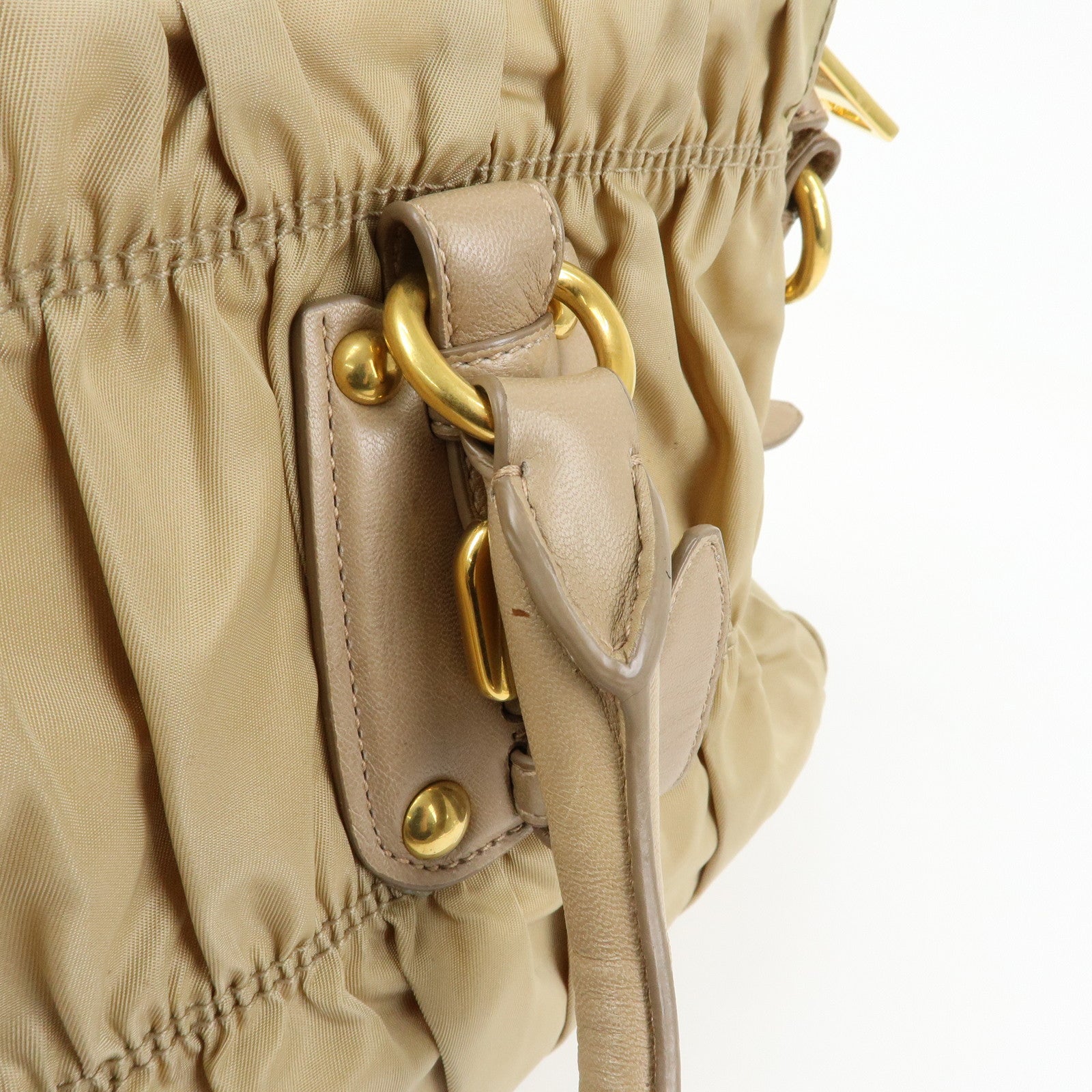 PRADA Gathered Nylon Leather 2Way Hand Shoulder Bag Beige BN1407