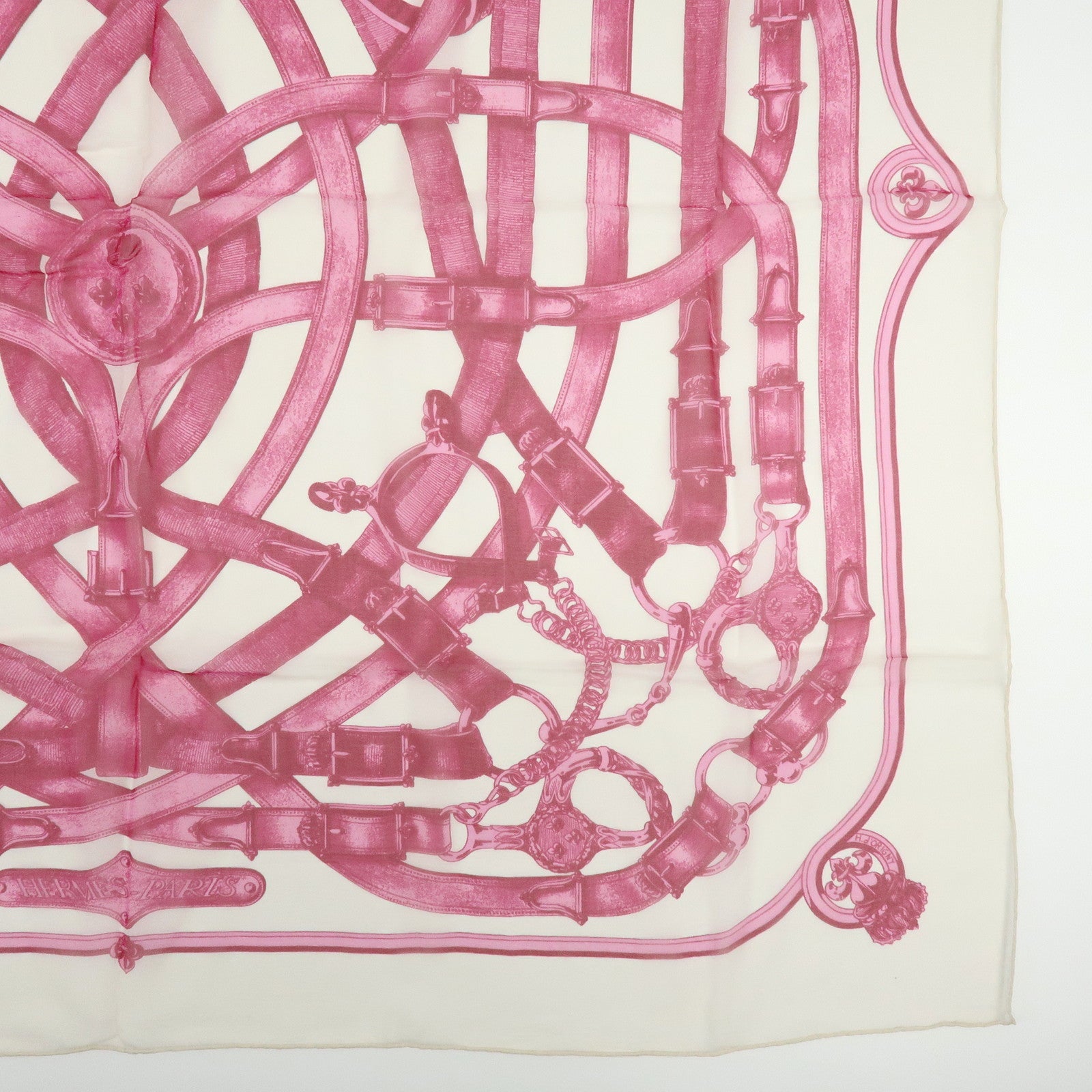 HERMES Carre 90 Silk 100% Scarf CAVALCADOUR Chain Belt Pink Ivory