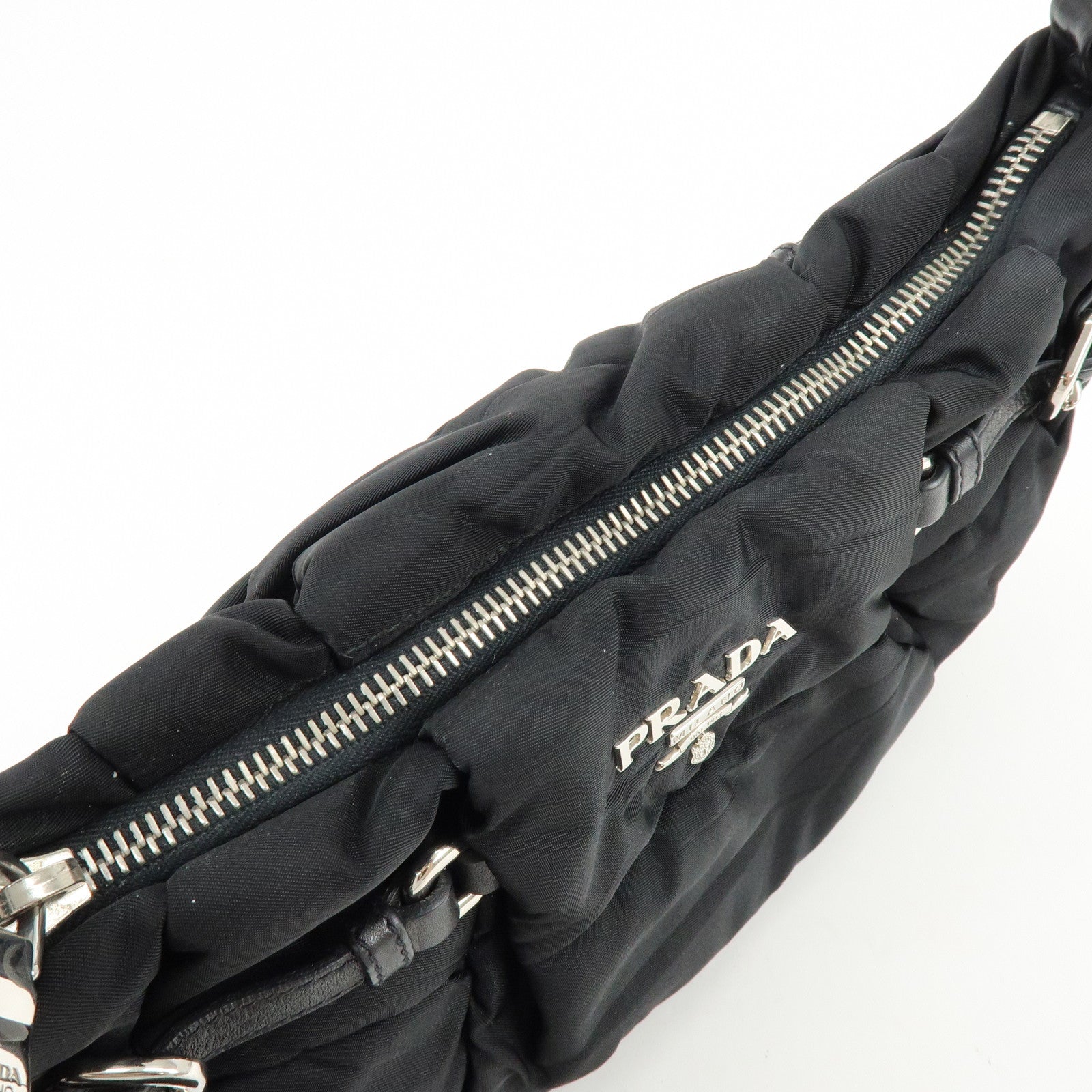 PRADA Logo Nylon Puffy Leather Shoulder Bag Hand Bag Black Silver