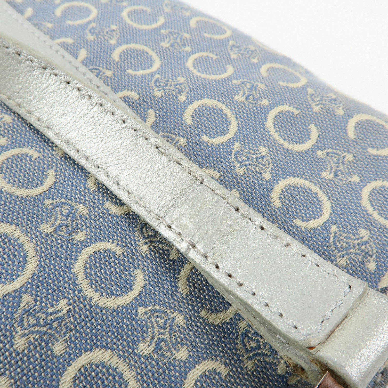 CELINE C Macadam Canvas Leather Tote Bag Hand Bag Light Blue Silver