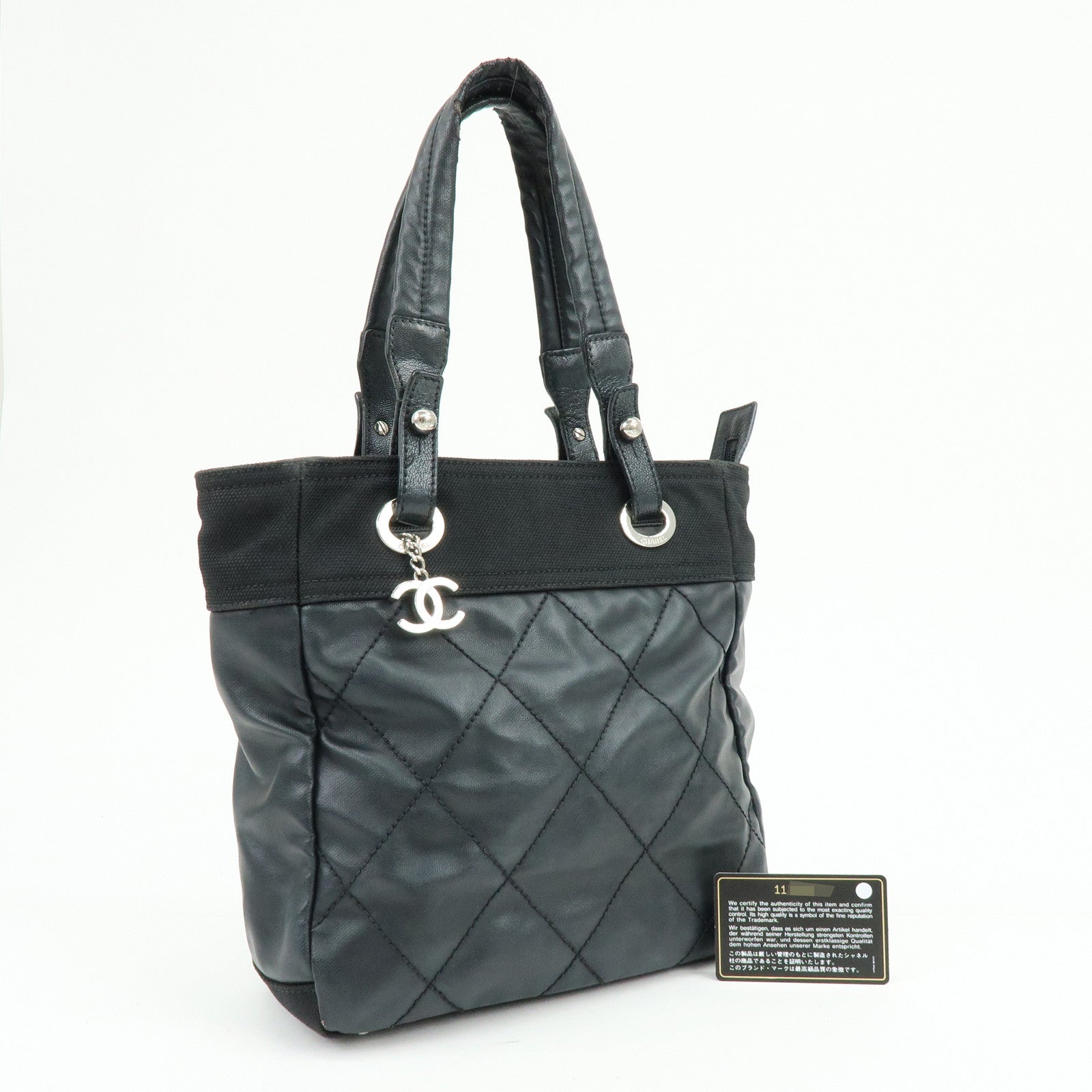 CHANEL Paris Biarritz PM PVC Canvas Leather Tote Bag Black A34208