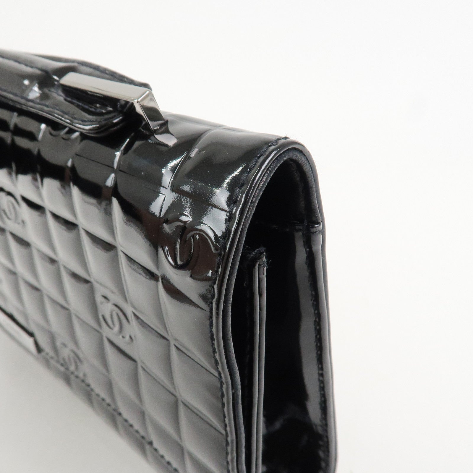 CHANEL Chocolate Bar COCO Mark Patent Leather Hand Bag Black