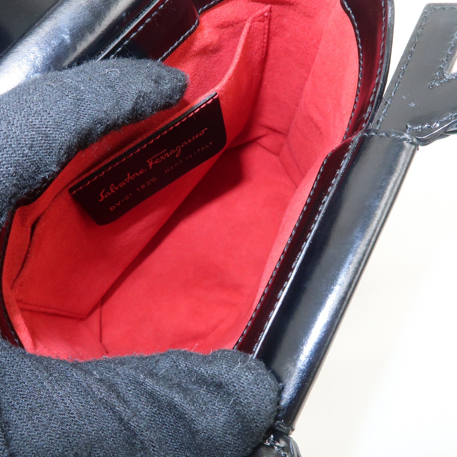 Ferragamo Gancini Leather Hand Bag Black Gold Hardware Used