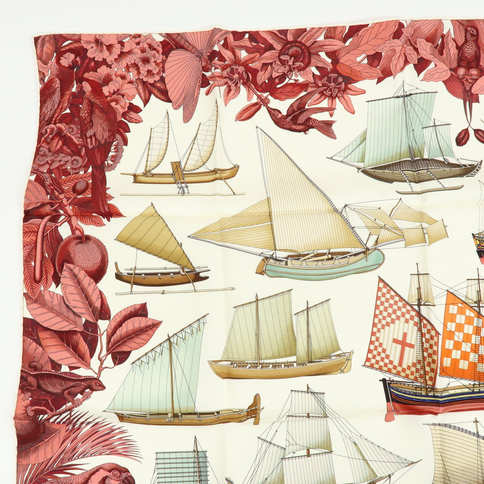 HERMES Carre 90 Silk 100% Scarf Tous Les Bateaux du Monde White Red