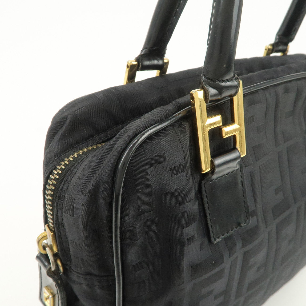 FENDI Zucca Nylon Hand Bag Shoulder Bag Black Gold