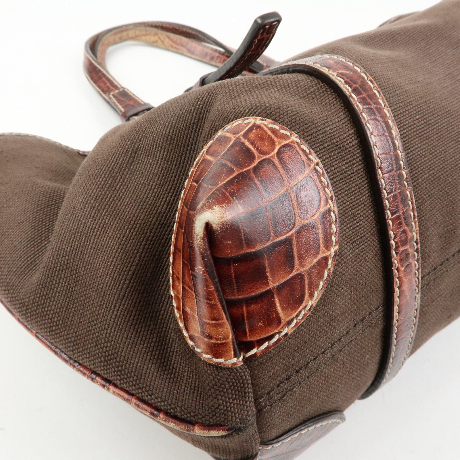CELINE Logo Canvas Embossed Leather Tote Bag Hand Bag Brown