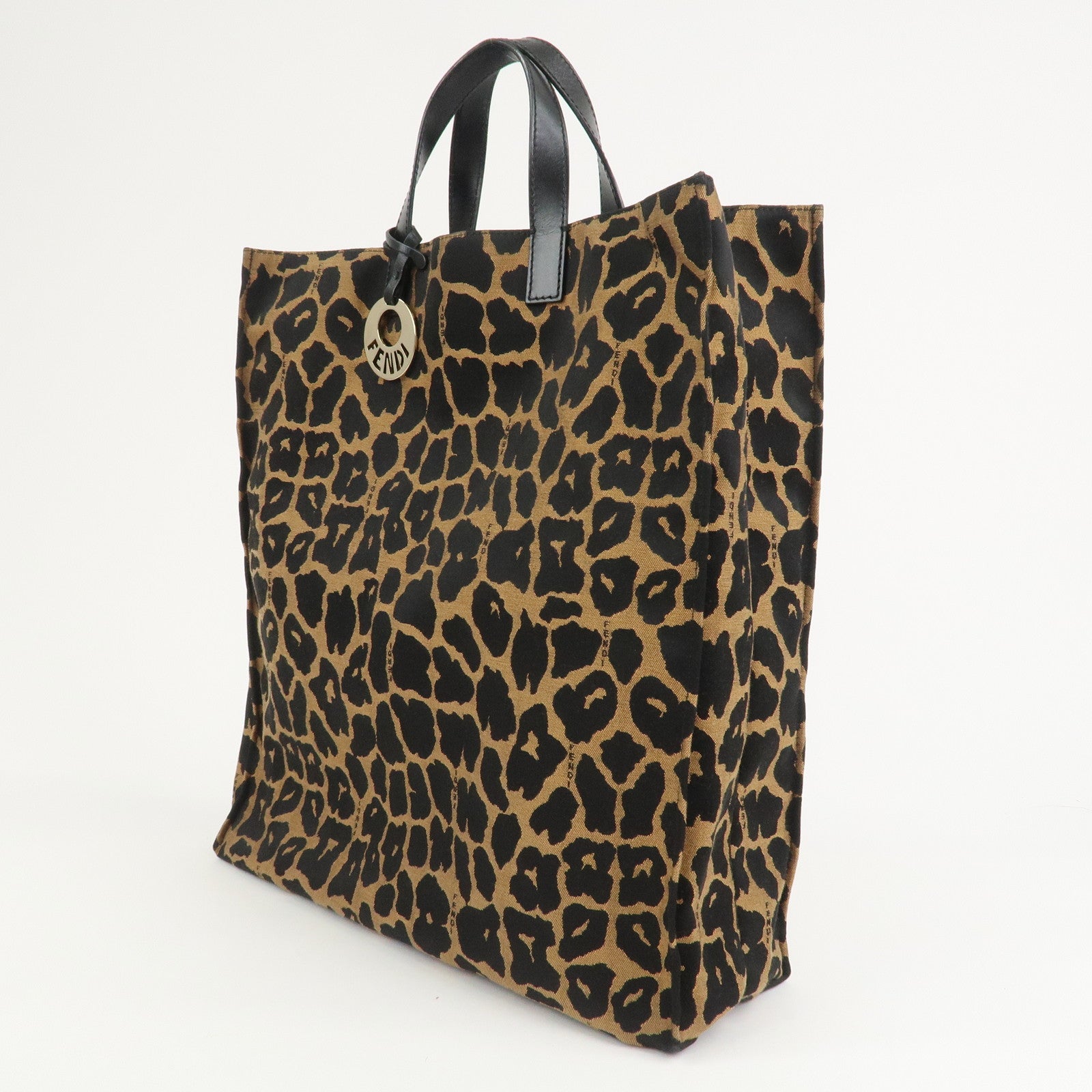 FENDI Leopard Canvas Leather Tote Bag Hand Bag Brown Black 8BH173