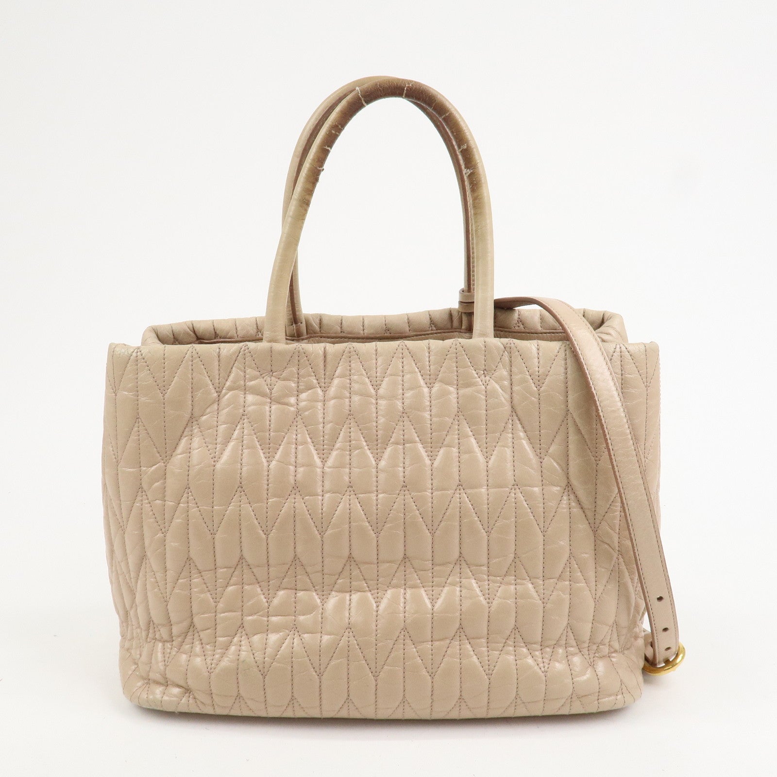 MIU MIU Leather Ribbon 2Way Shoulder Bag Hand Bag Tote Bag Beige RN1096