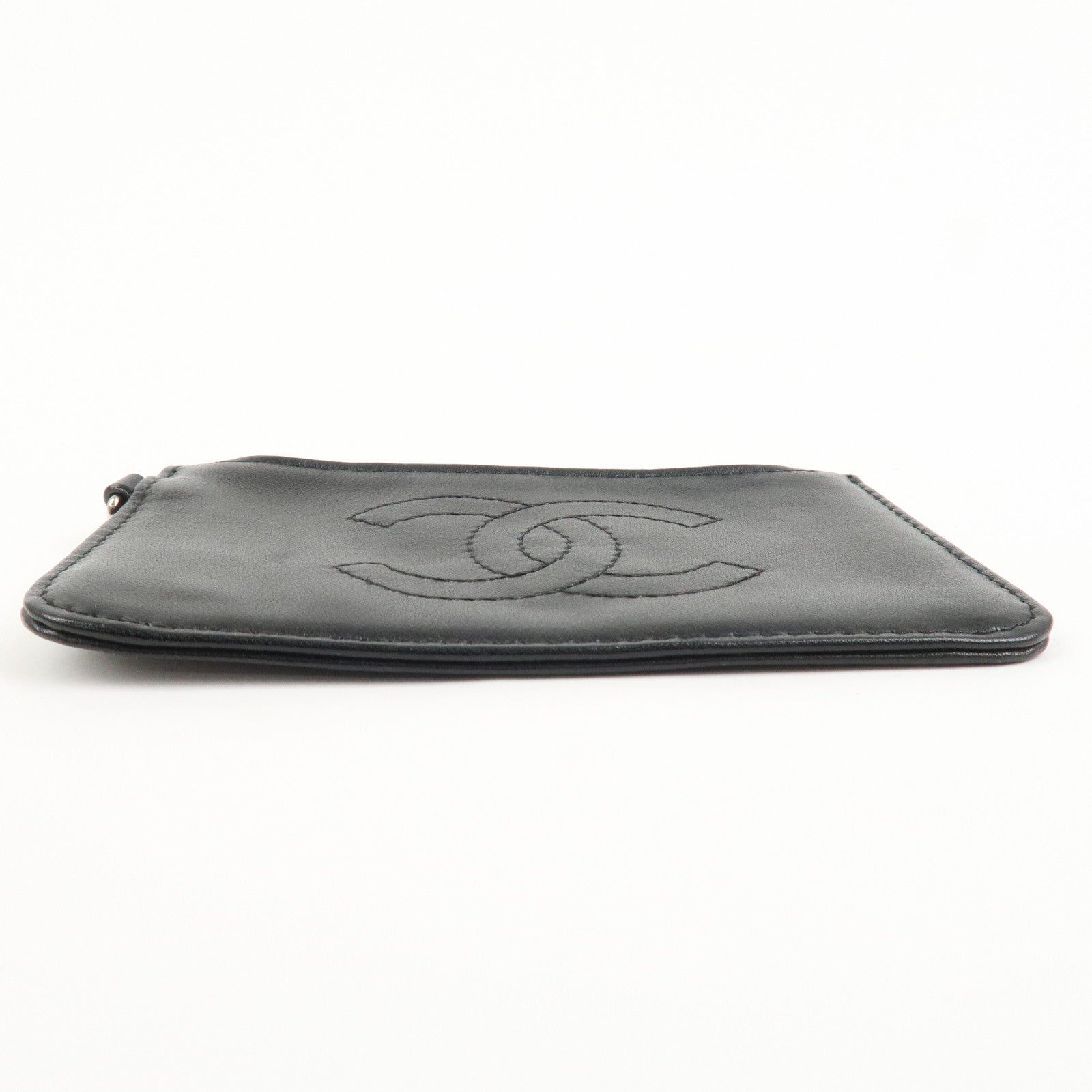 CHANEL COCO Mark Lamb Skin Coin Case Black Silver A25183