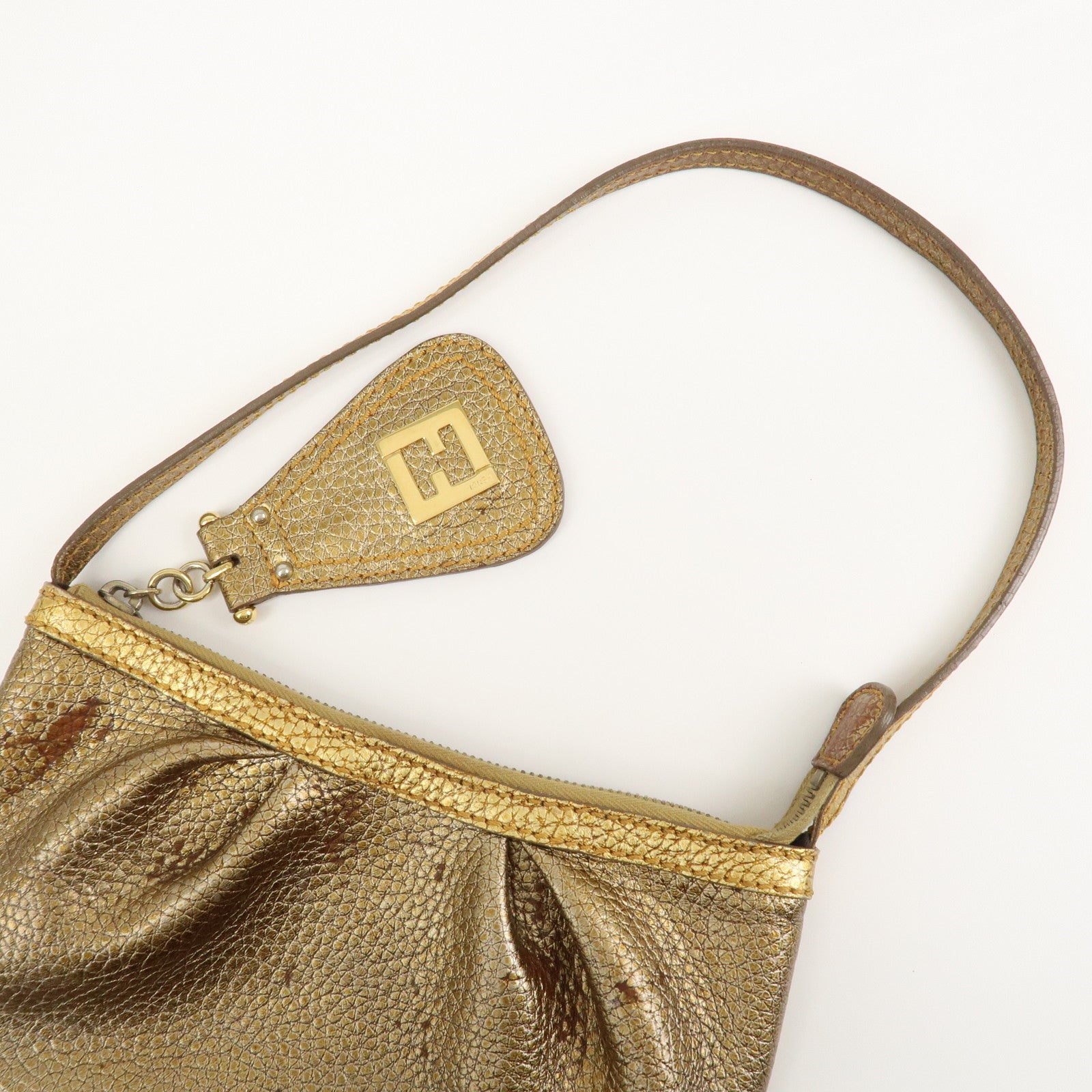 FENDI Leather Accessory Pouch Hand Bag Shoulder Bag Gold 8BR566