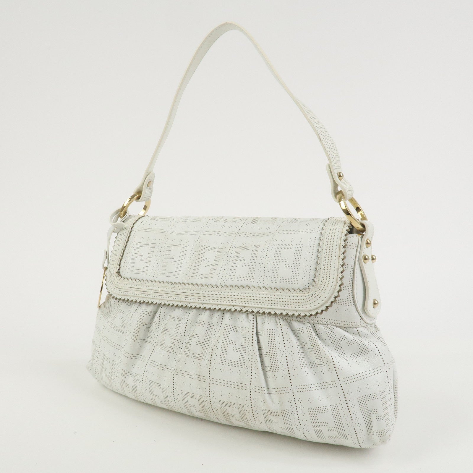 FENDI Zucca Logo Leather Shoulder Bag Hand Bag White 8BR445