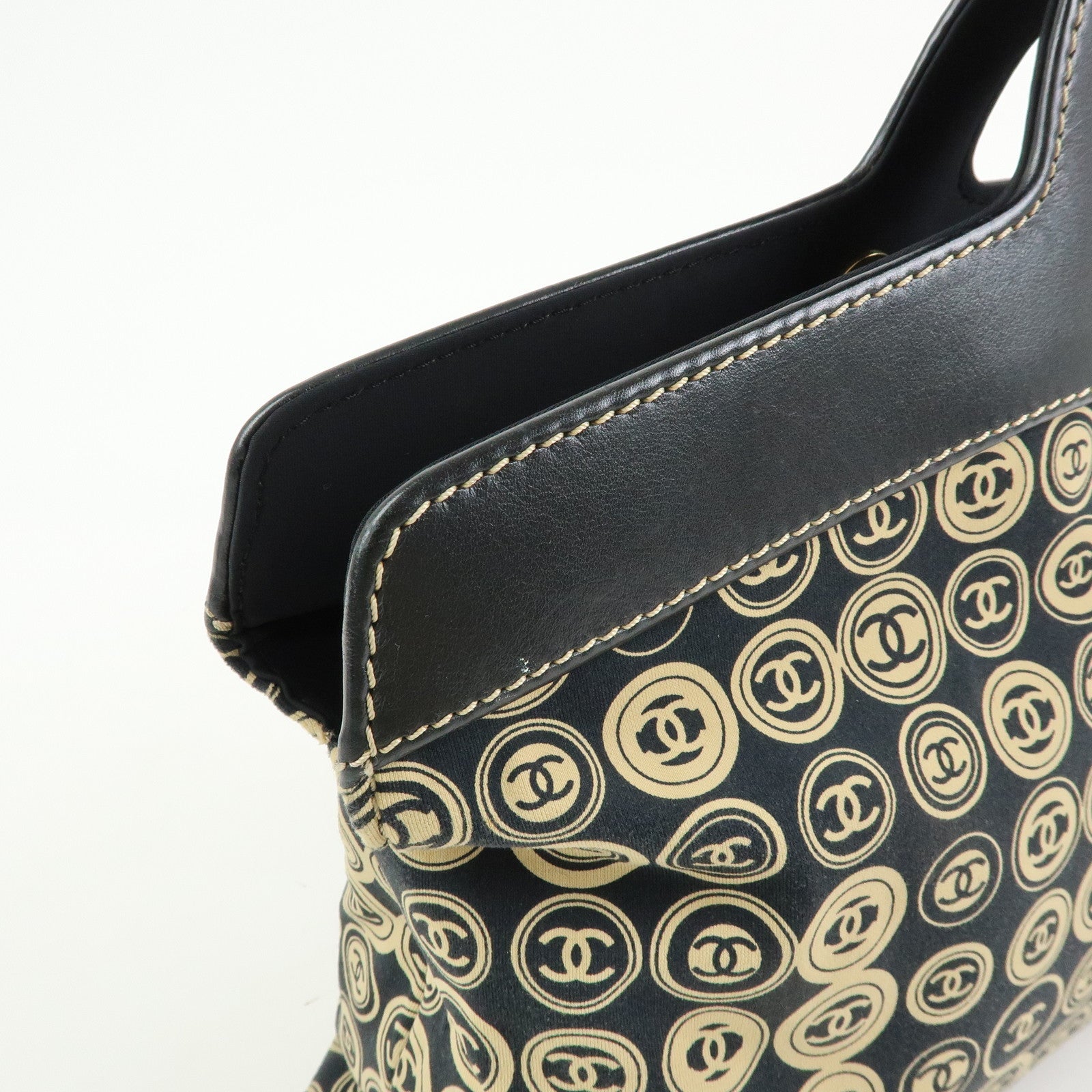 CHANEL COCO Mark Canvas Leather Hand Bag Beige Black