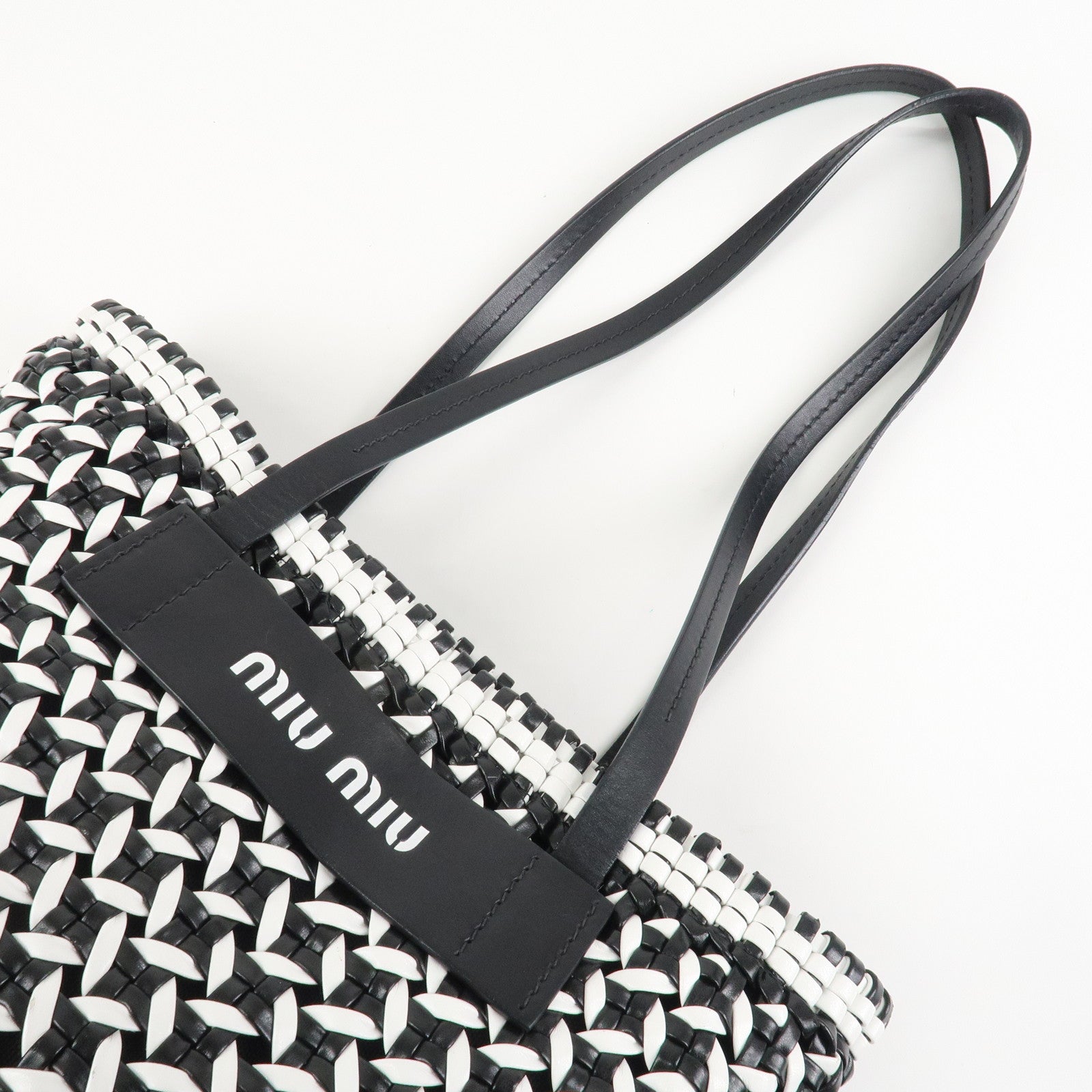 MIU MIU Leather Braid Tote Bag Shoulder Bag Black White 5BG193 Used