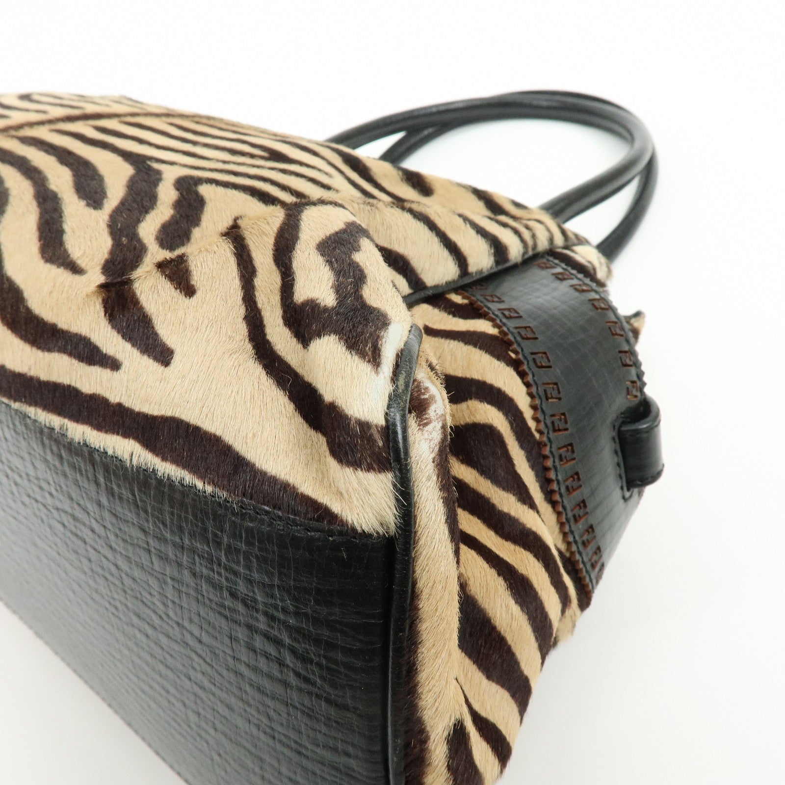 FENDI Etnico Calf Hair Leather Tote Bag Shoulder Bag Brown 8BN162