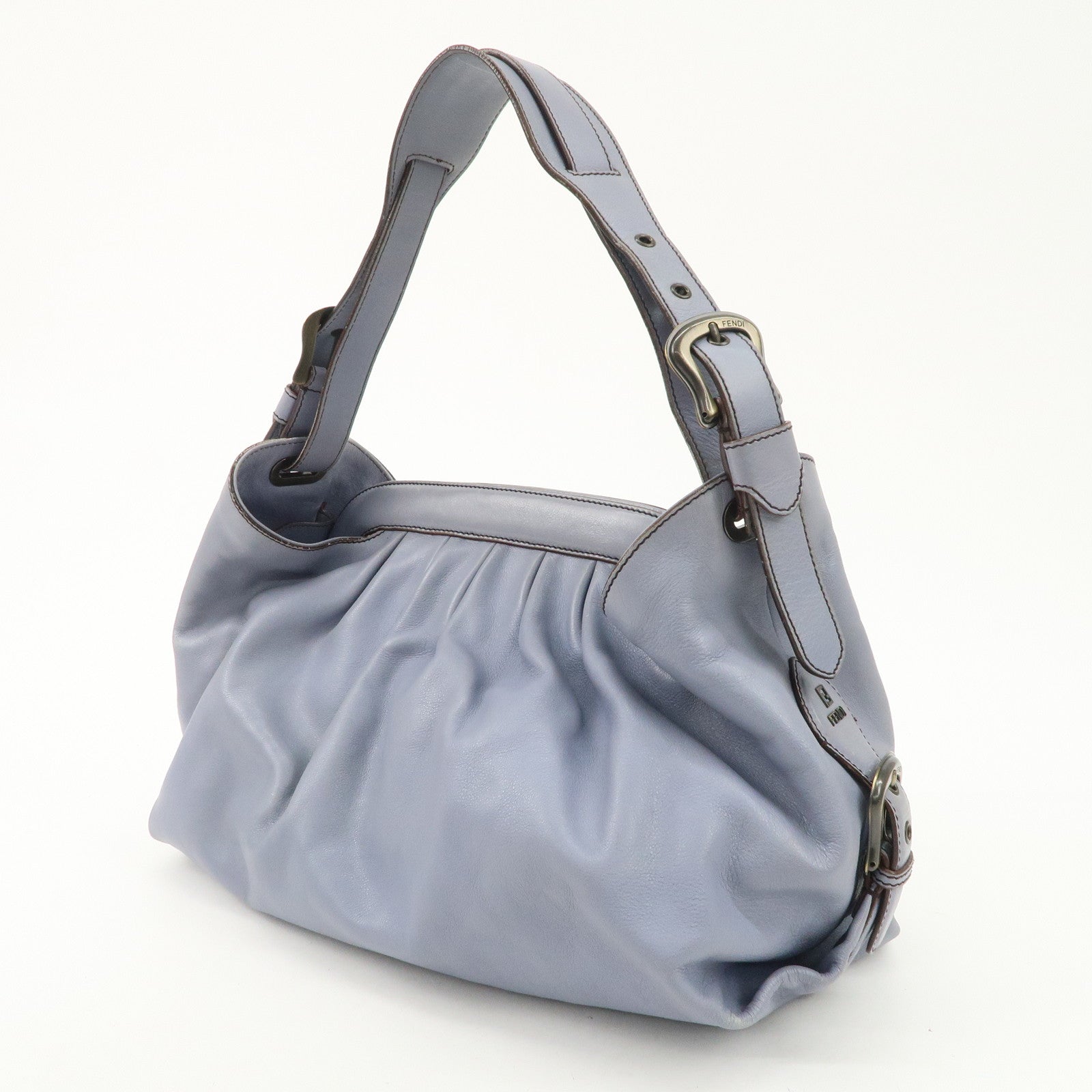 FENDI Leather Shoulder Bag Hand Bag Blue Gold HDW Used