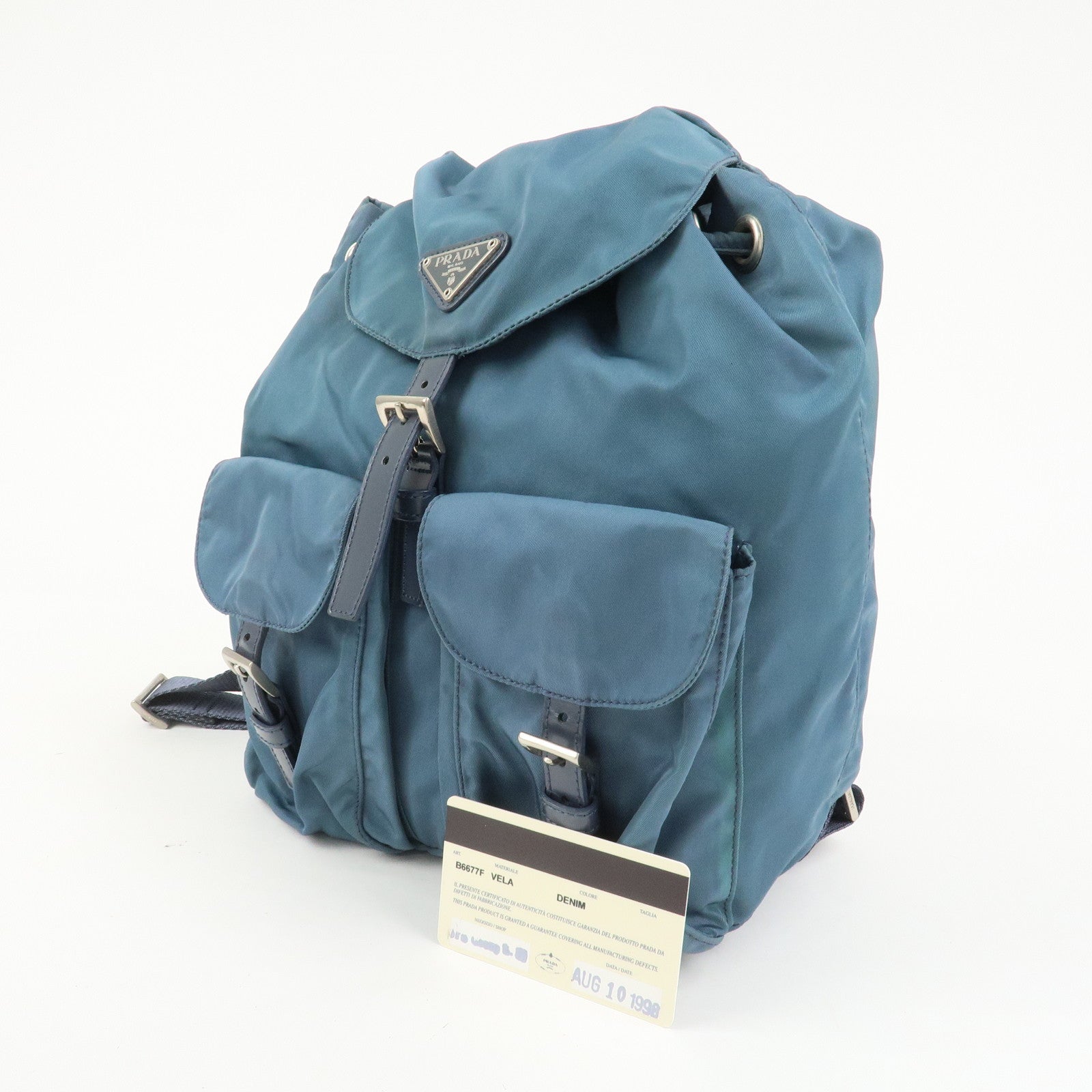 PRADA Triangle Logo Nylon Leather Backpack Rucksack Blue B6677F