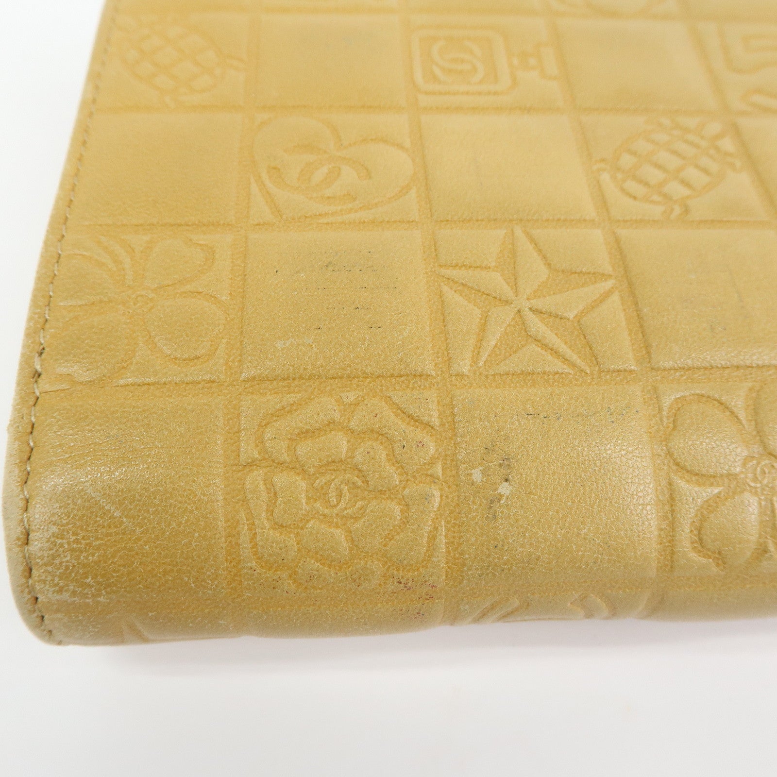 CHANEL Chocolate Bar Lamb Skin Long Wallet Yellow Beige A82281