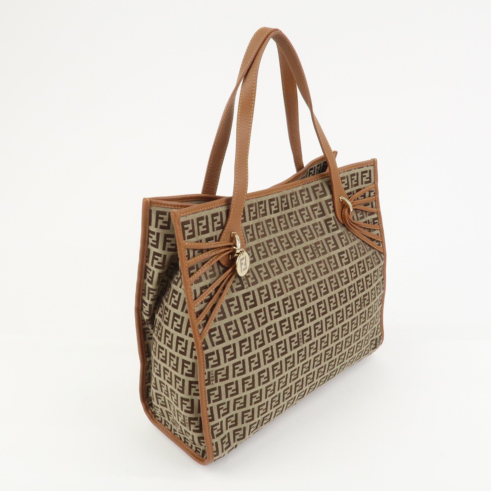 FENDI Zuccino Canvas Leather Tote Bag Hand Bag Brown 8BH153
