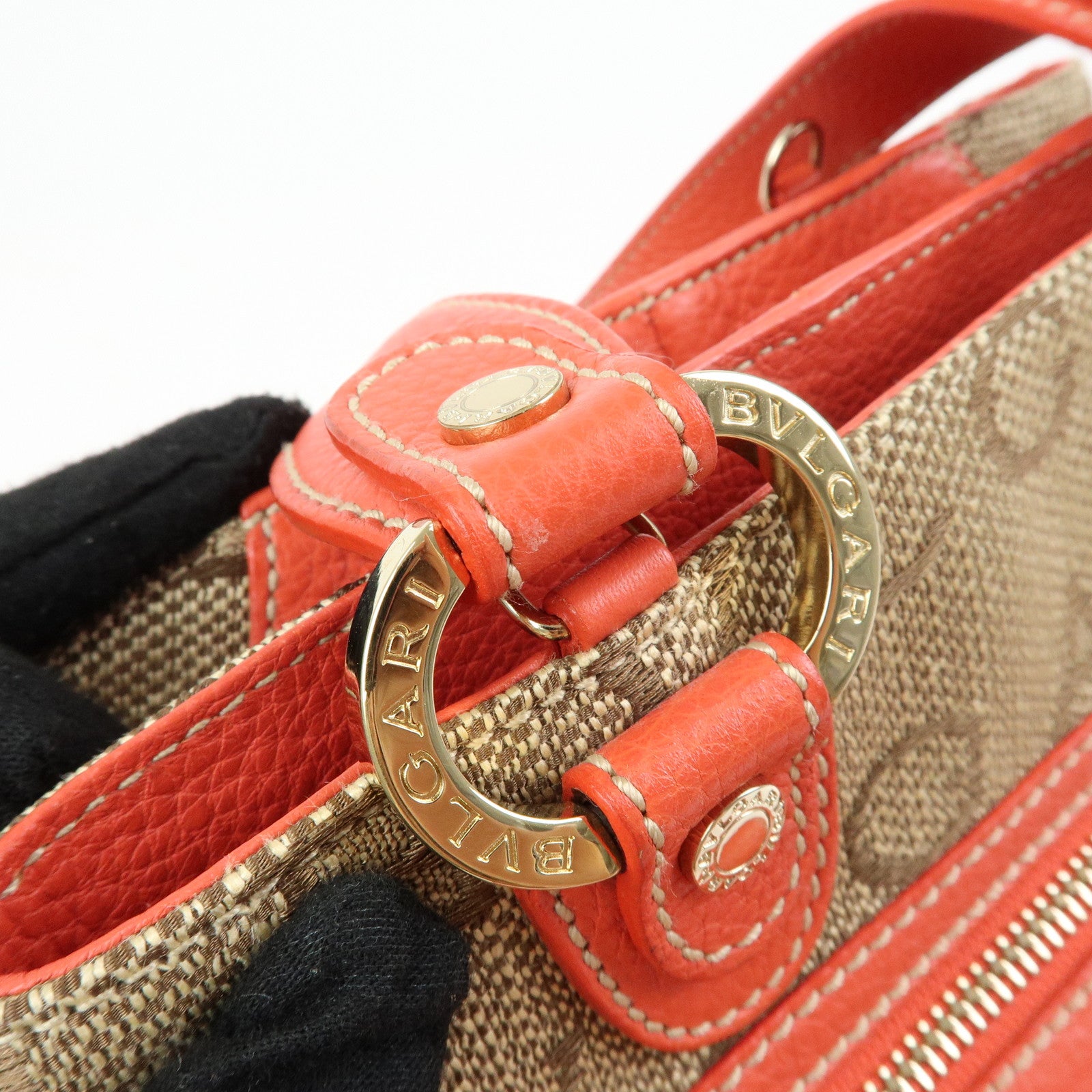 BVLGARI Logomania Canvas Leather 2Way Hand Shoulder Bag Brown Coral