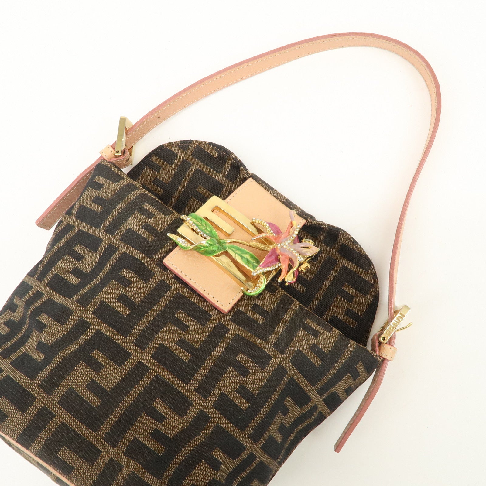 FENDI Zucca Canvas Leather Shoulder Bag Black Pink Flower Motif
