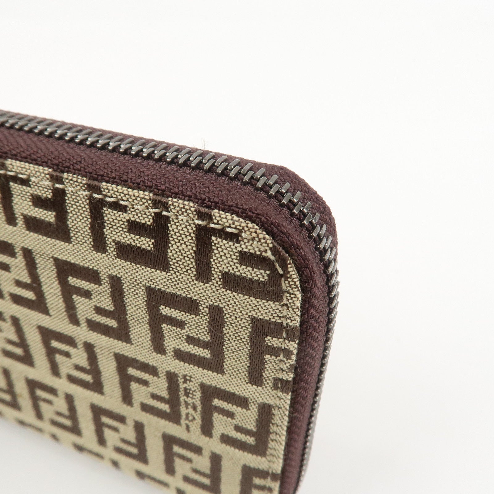 FENDI Zucchino Canvas Leather Round Zippy Long Wallet Brown 8M0024