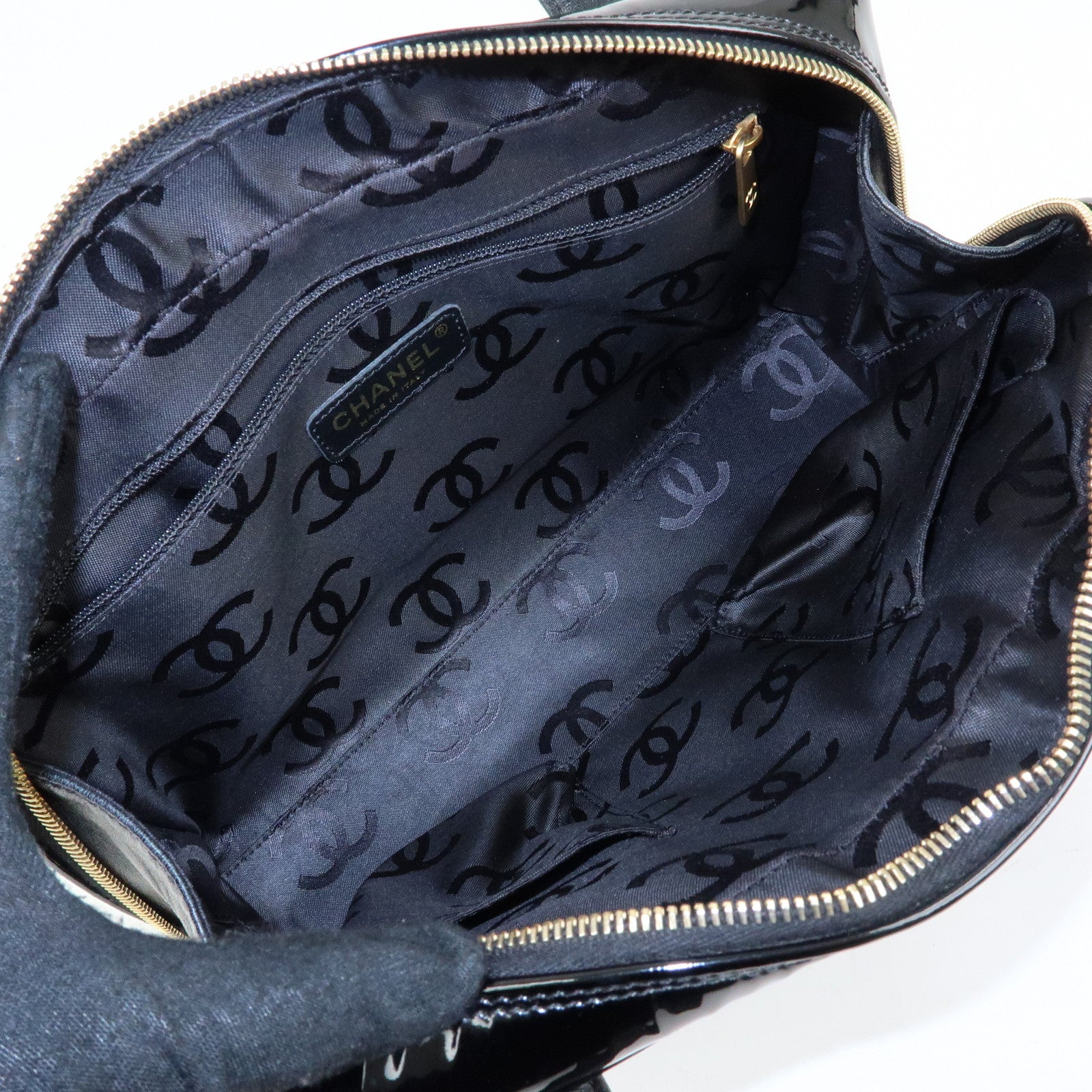 CHANEL Triple COCO Mark Patent Leather Tote Bag Hand Bag Black