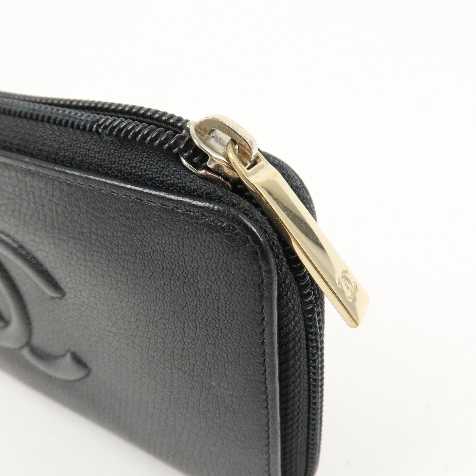 CHANEL Set Of 2 Leather Bi-Fold Long Wallet Key Case Black Gold