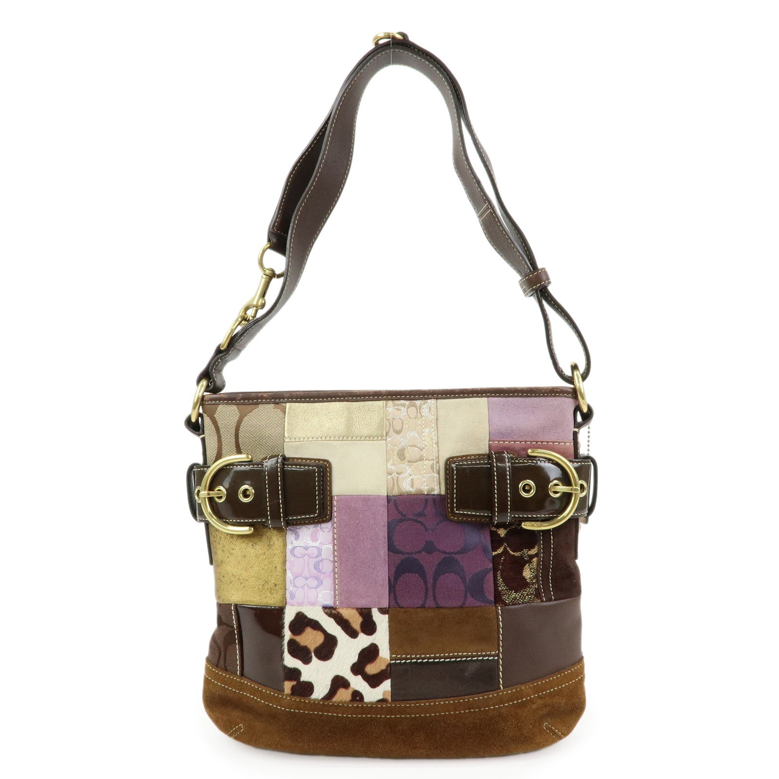 COACH Signature Suede Patent Leather Shoulder Bag Brown Patchwork