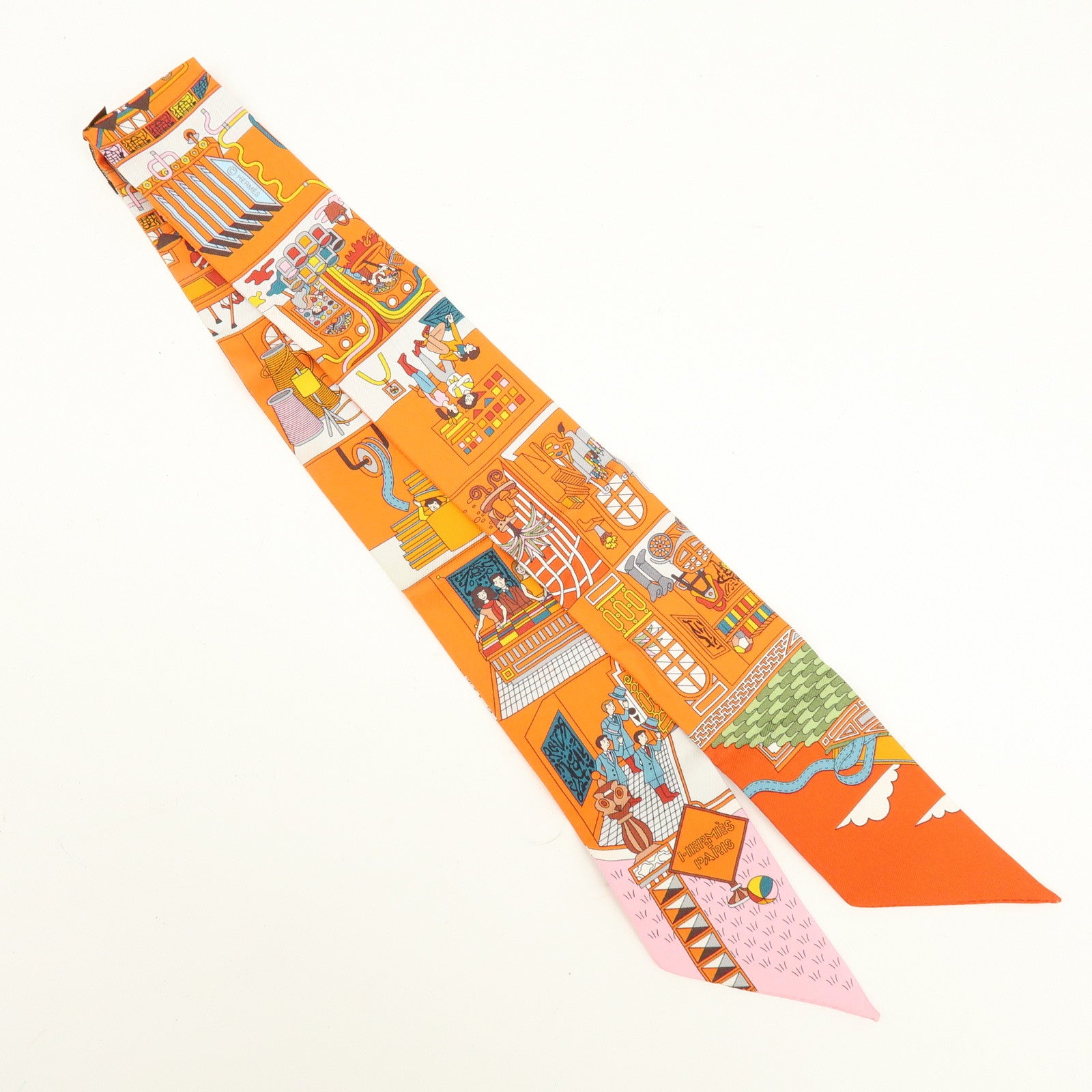 HERMES Twilly Silk 100% La Maison Des Carres Scarf Orange Pink