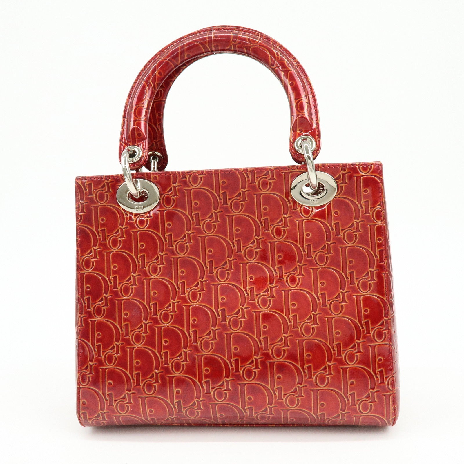 Christian Dior Lady Dior Patent Leather Hand Bag Dior Logo Red