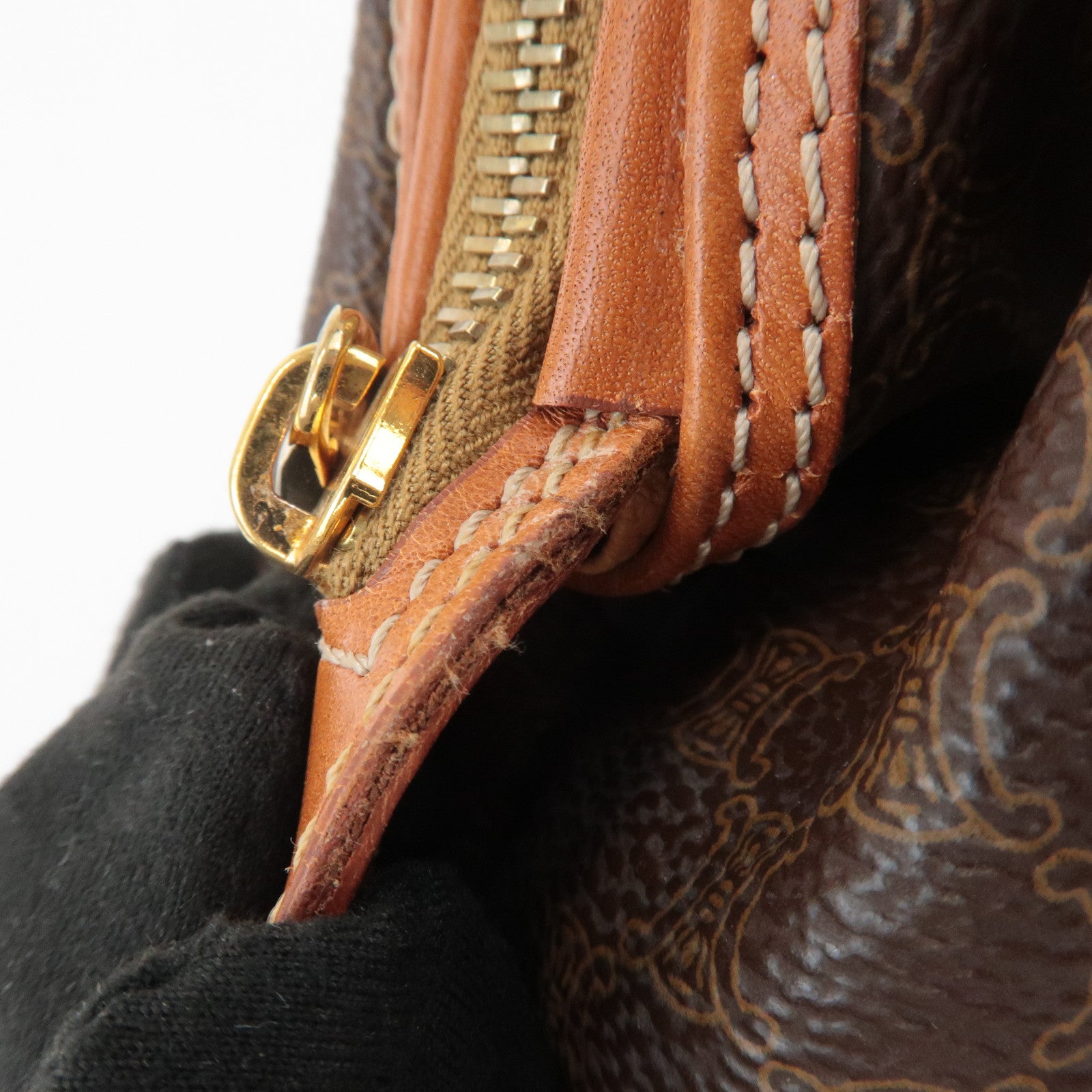 CELINE Macadam PVC Leather Canvas Pouch Brown Gold Hardware