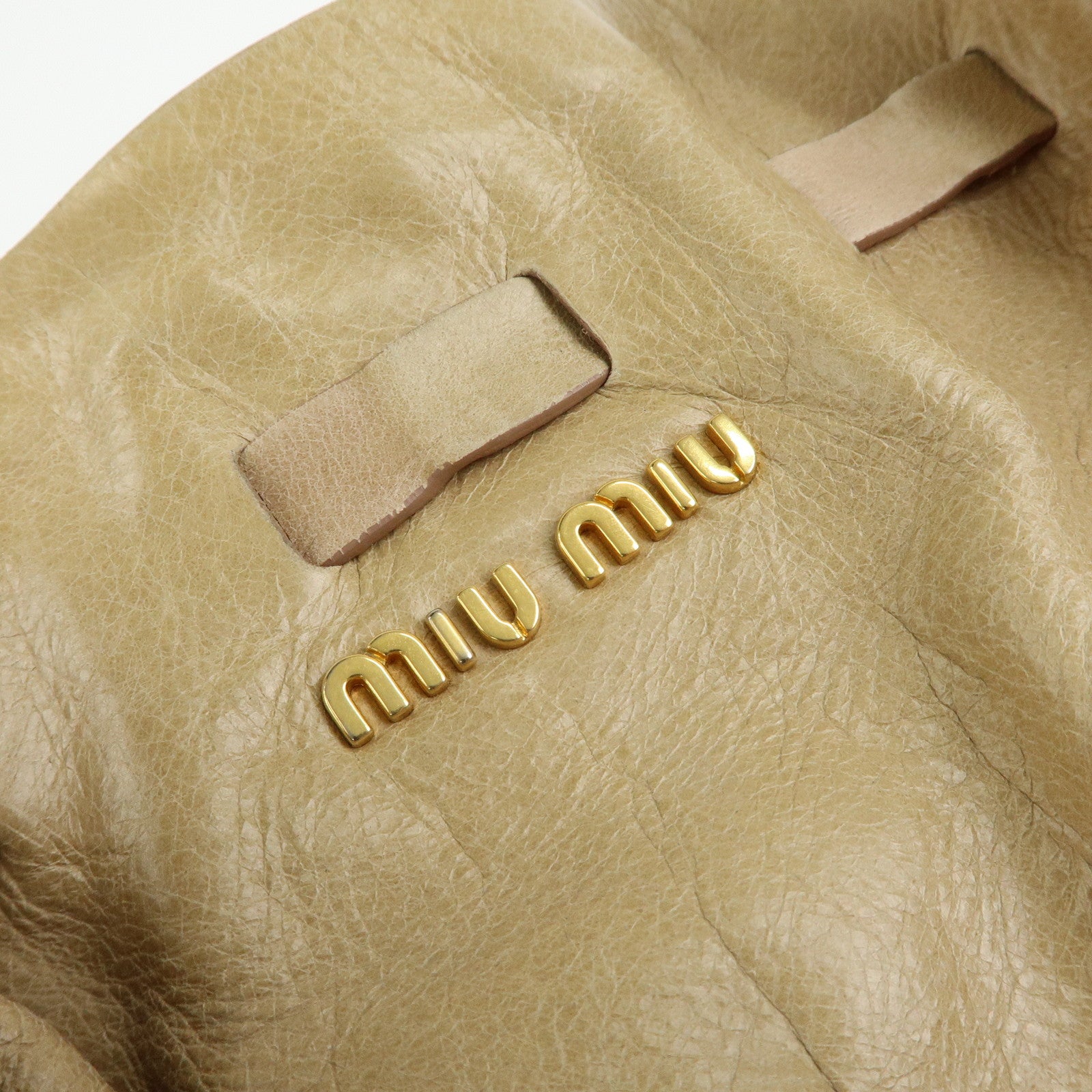 MIU MIU Logo Side Ribbon Leather Shoulder Bag Tote Bag Beige