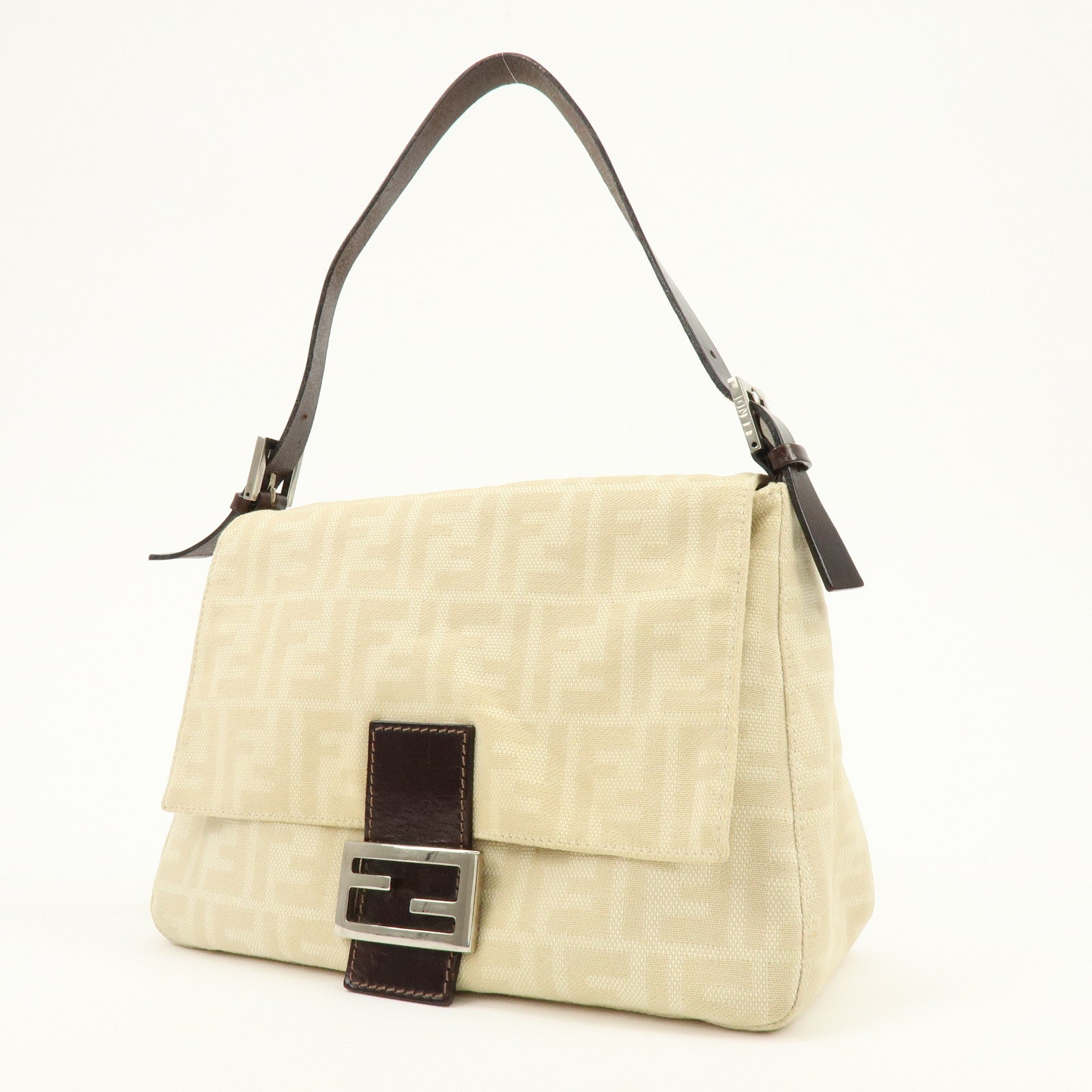 FENDI Mamma Baguette Zucca Canvas Leather Shoulder Bag Ivory 26325