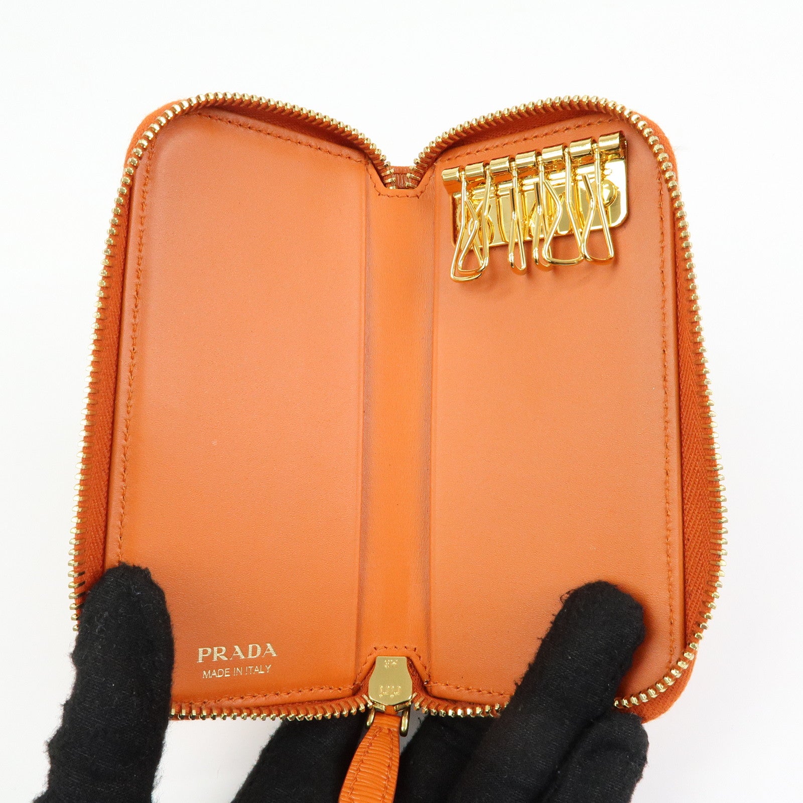 PRADA Saffiano Leather Round Zippy 6 Rings Key Case Orange 1PG604