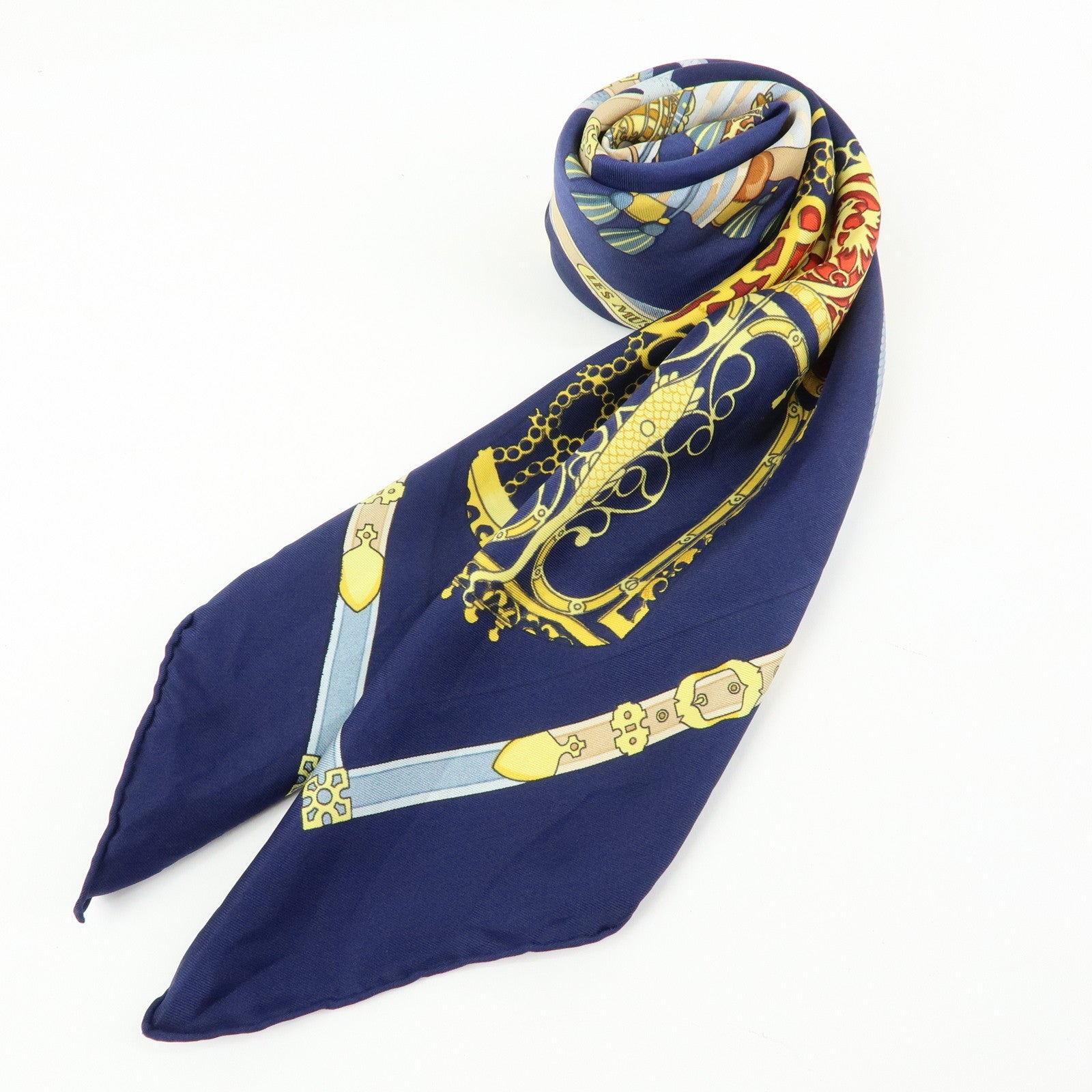 HERMES Carre 90 Silk 100% Scarf LES MUSEROLLES Navy Yellow