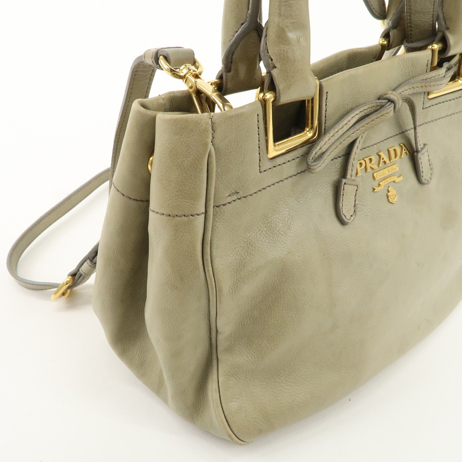 PRADA Logo Ribon Leather 2WAY Tote Bag Hand Bag Beige Gold HDW BN2245 Used