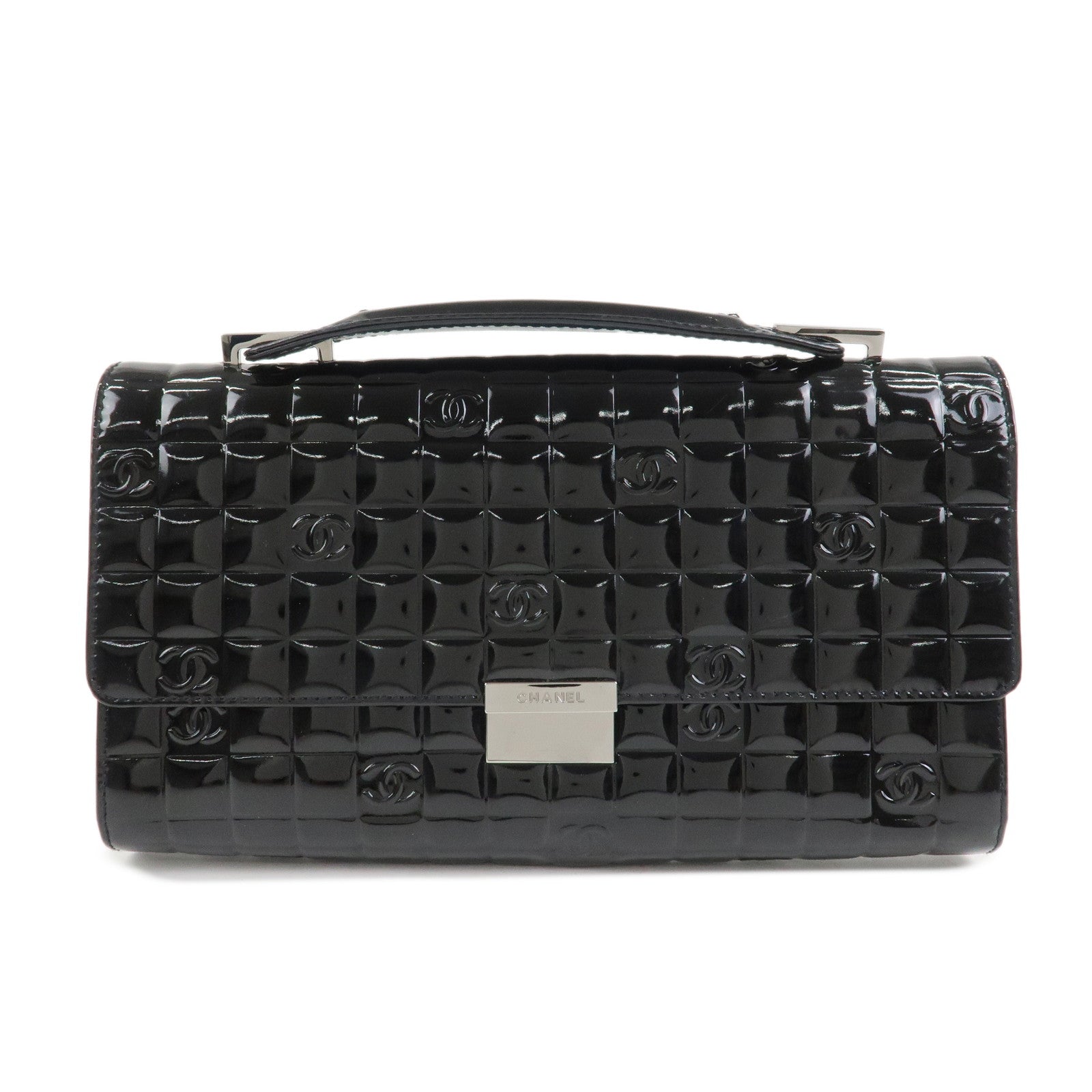 CHANEL Chocolate Bar COCO Mark Patent Leather Hand Bag Black